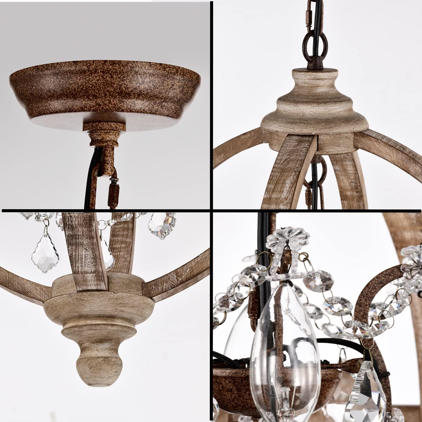 Cawabien Candelabro de metal y madera con 4 luces, estilo rústico con cristales transparentes, lámpara de techo de madera vintage para cocina,