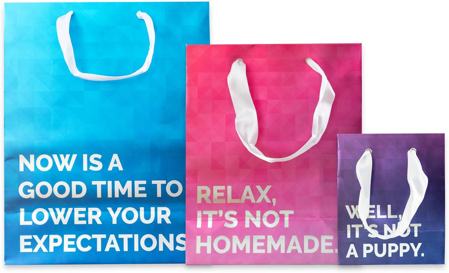 Prank-O – Bolsas de regalo novedosas, paquete de 3, Bueno, no es un cachorro, relájate, no es casero, ahora es un buen momento para reducir tus