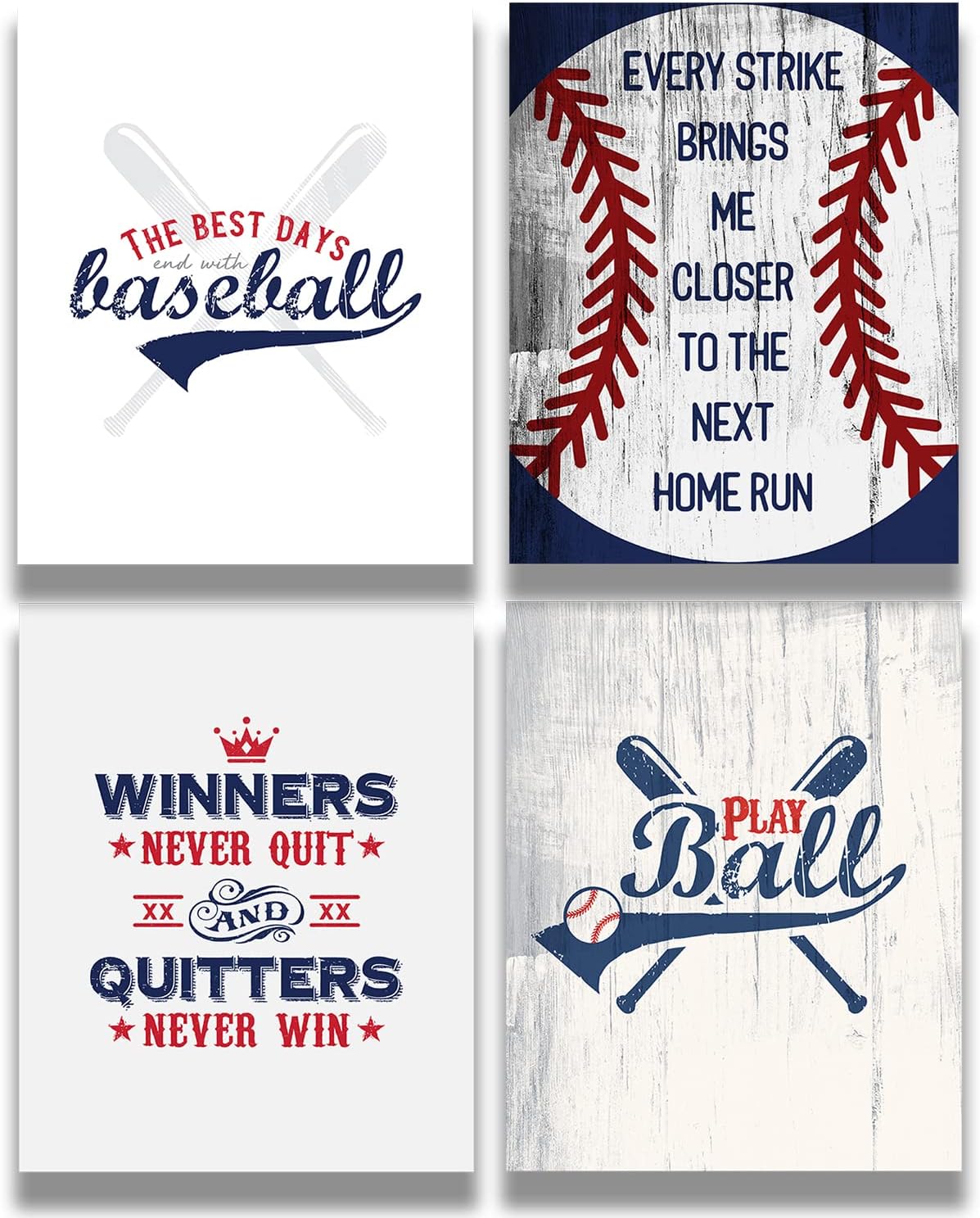 Govivo Arte de pared motivacional de béisbol, juego de 4 impresiones sin marco (8 x 10), arte inspirador de pared de béisbol para dormitorio de