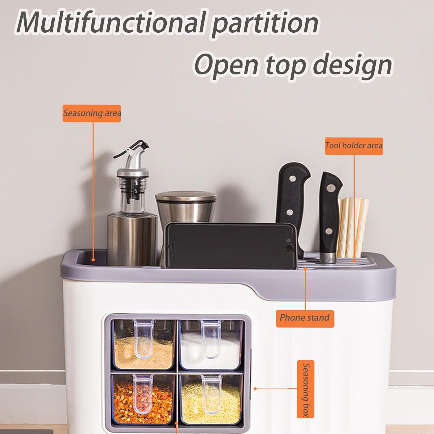 Caja multifuncional para condimentos de cocina, tarro de cepillo de cocina, caja de almacenamiento de cuchara, organizador de cocina 4 en 1 con