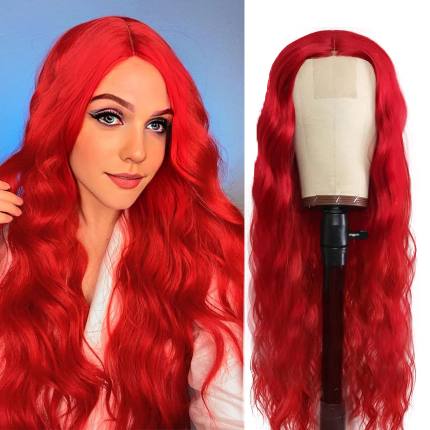 HOSYTIS Peluca roja  Peluca larga de onda roja para mujer, peluca sintética de calor de 28 pulgadas, peluca de repuesto para uso diario, peluca de