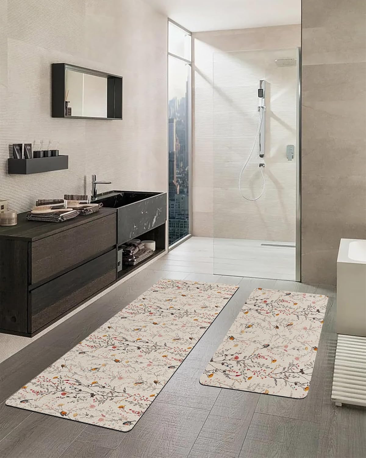 Juego de 2 alfombras y tapetes de baño, alfombra de pasillo de baño, vintage, floral, beige, absorbentes, para piso, bañera, fregadero, cocina,