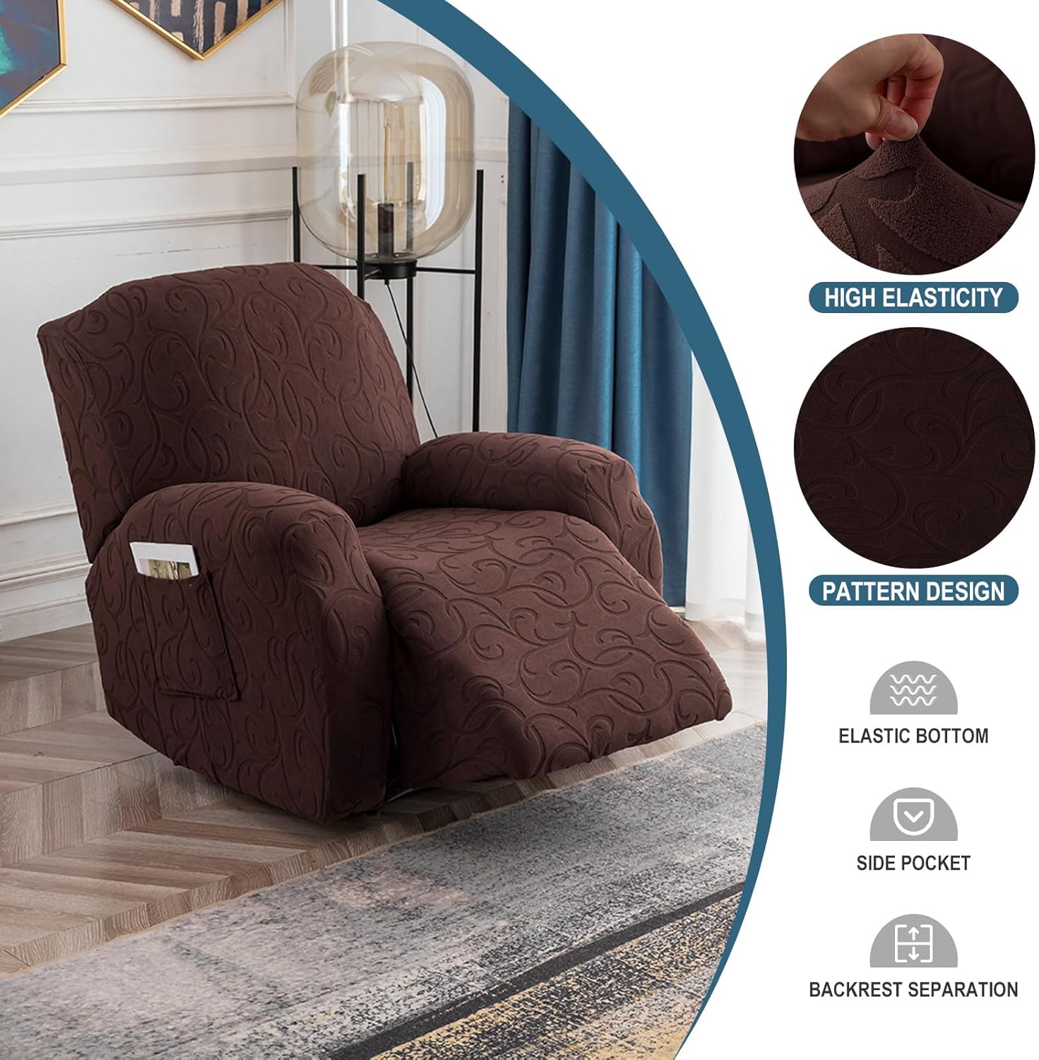 YUEANG Funda reclinable elástica de 4 piezas, funda de sofá para sofá reclinable de 1 asiento, protector de muebles lavable con parte inferior
