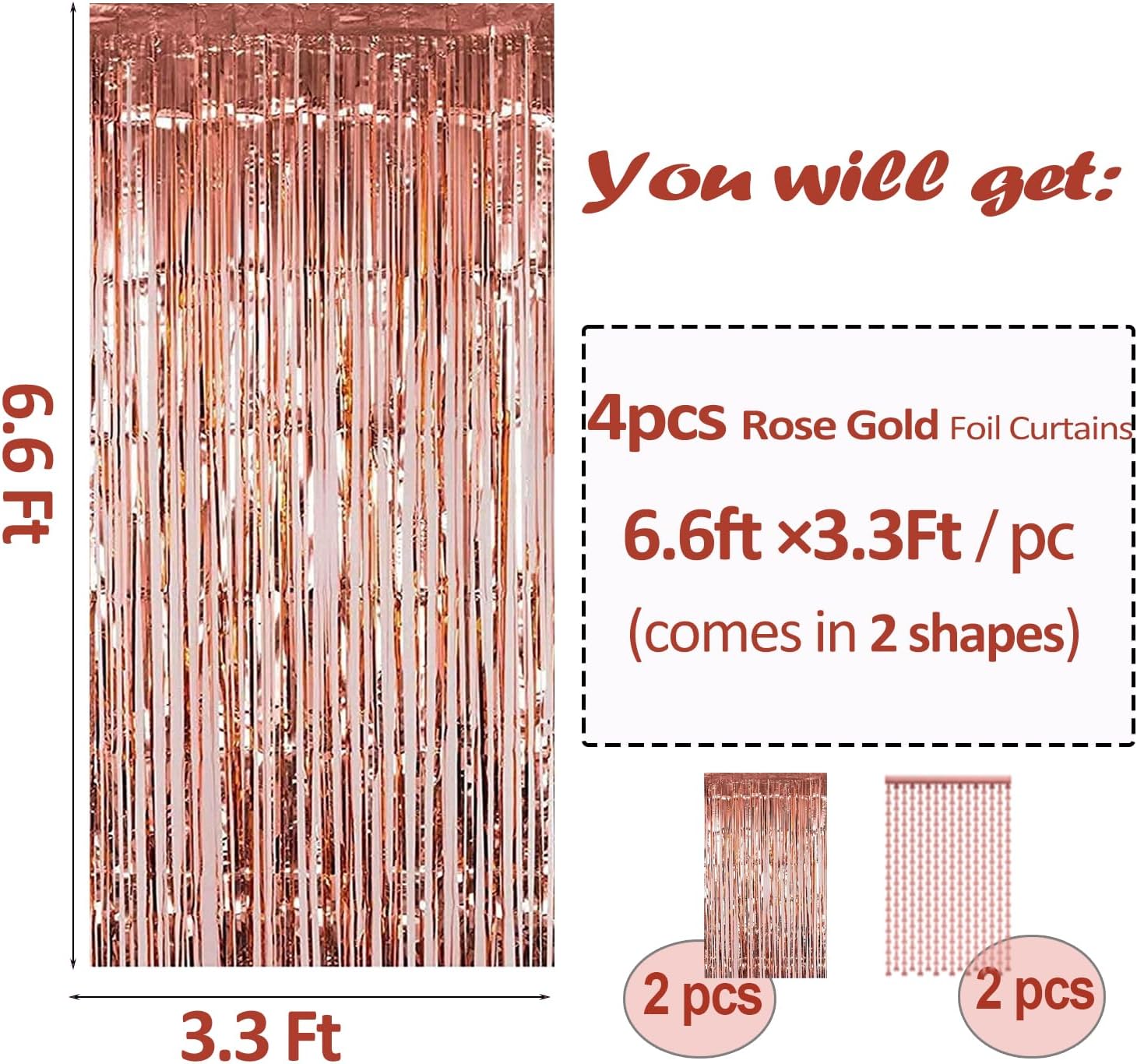 Decoraciones de despedida de soltera, 4 paquetes de cortinas de flecos de papel de aluminio de oro rosa de 3.3 x 6.6 pies, serpentinas metálicas de