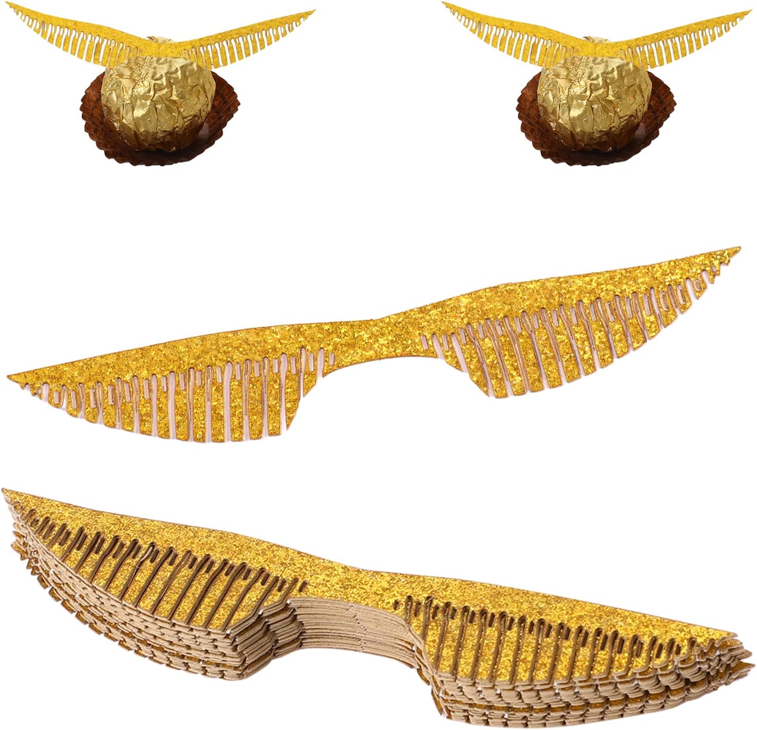 50 alas doradas de snitch para fiesta de mago, decoración de cupcakes, alas de Snitch Wings Wafer Cupcake Toppers con 50 puntos de pegamento,