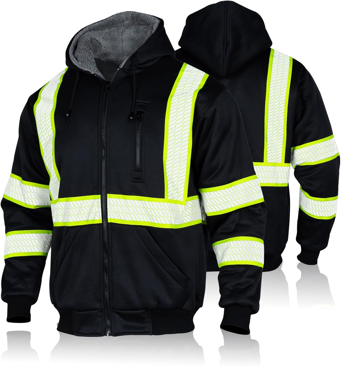 FONIRRA Men’s High Visibility Safety ANSI Class 3 Lined Fleece Hoodie Sweatshirt with Black Bottom Jumper Workwear for Men(Black,2XL)