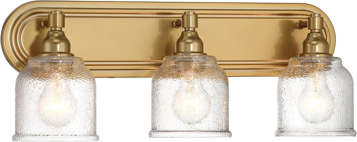 Robert Stevenson Lighting Clara – Lámpara de tocador de 3 luces de metal vintage y vidrio envejecido envejecido, oro cepillado