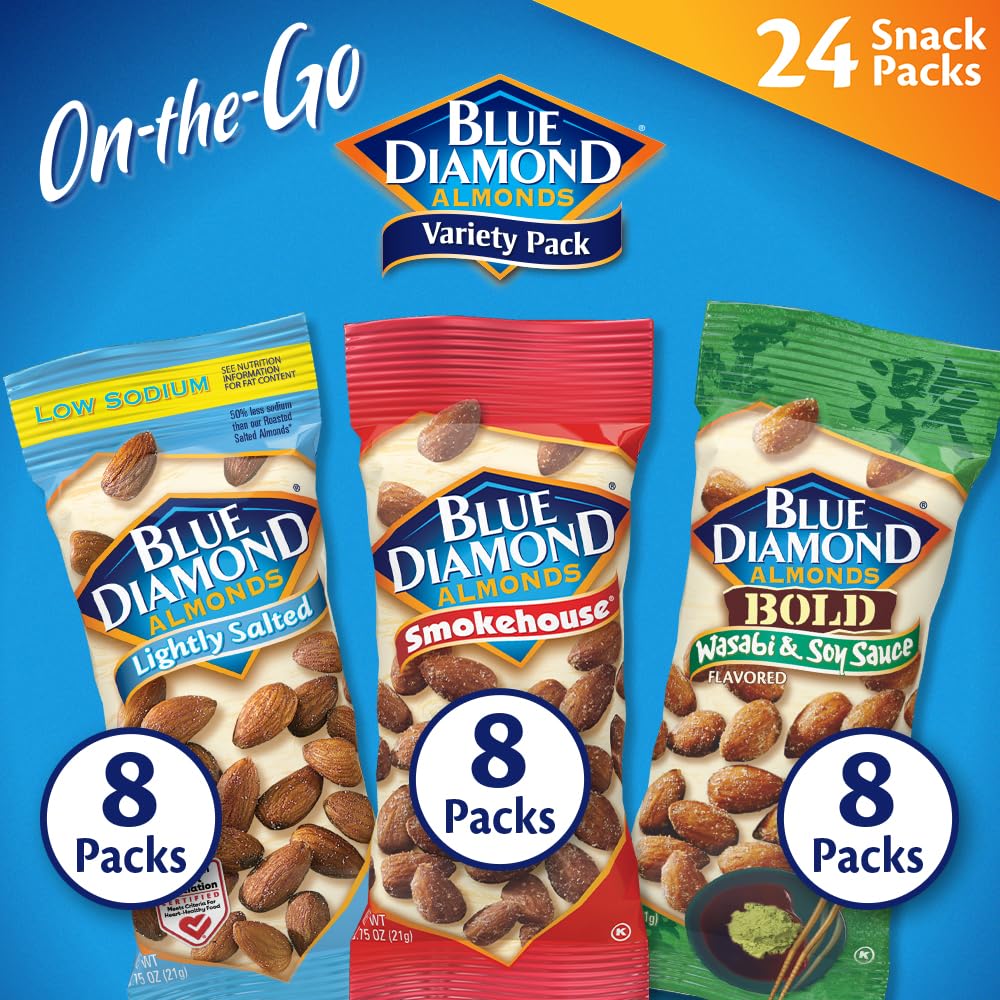Blue Diamond Almonds Paquete variado de nueces para niños, oficina, escuela, sobre la marcha, paquetes individuales de 0.75 onzas sin gluten, wasabi