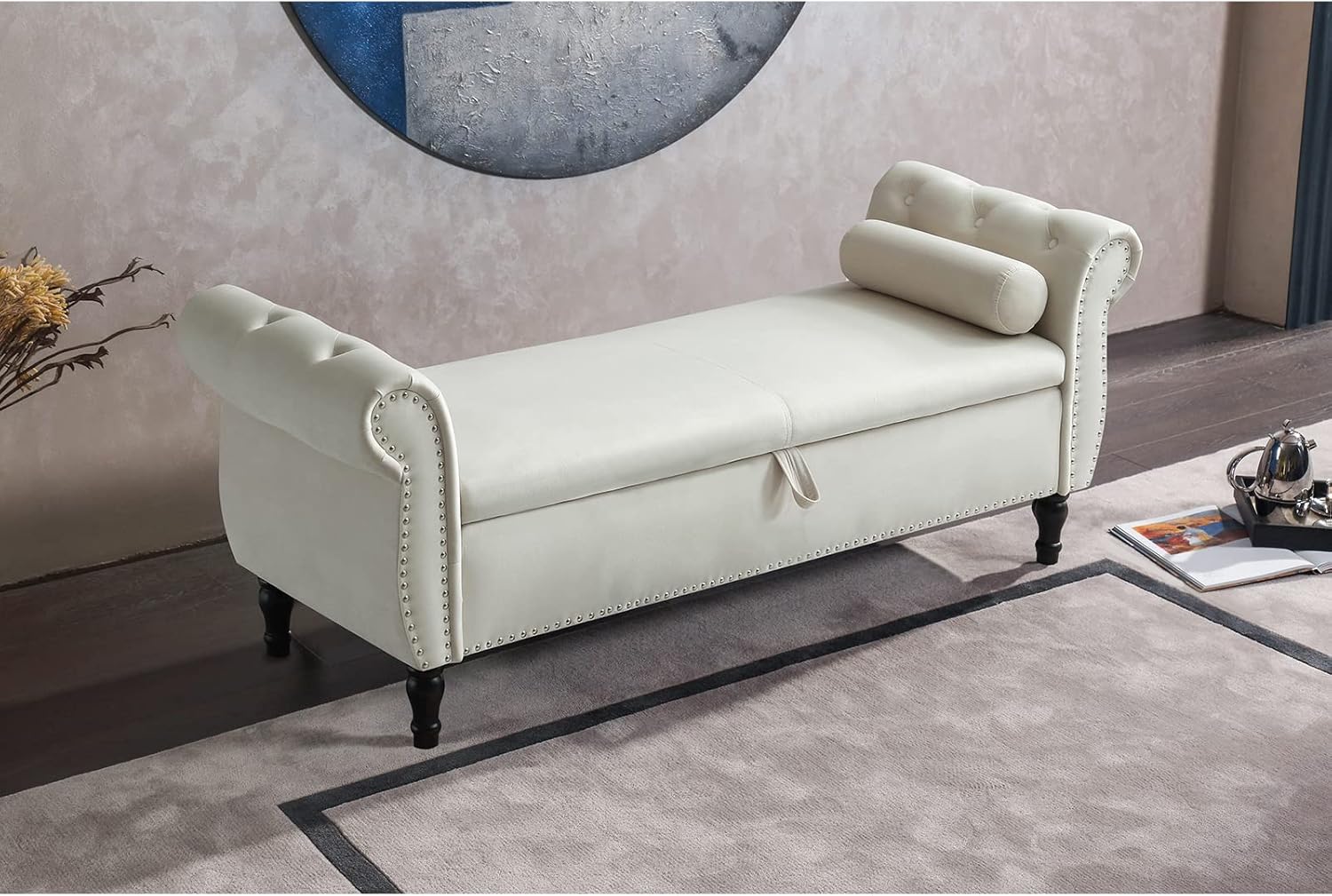 KINFFICT Banco de almacenamiento tapizado de terciopelo, beige, marco de madera de caucho, amplio espacio de almacenamiento, diseño elegante, uso