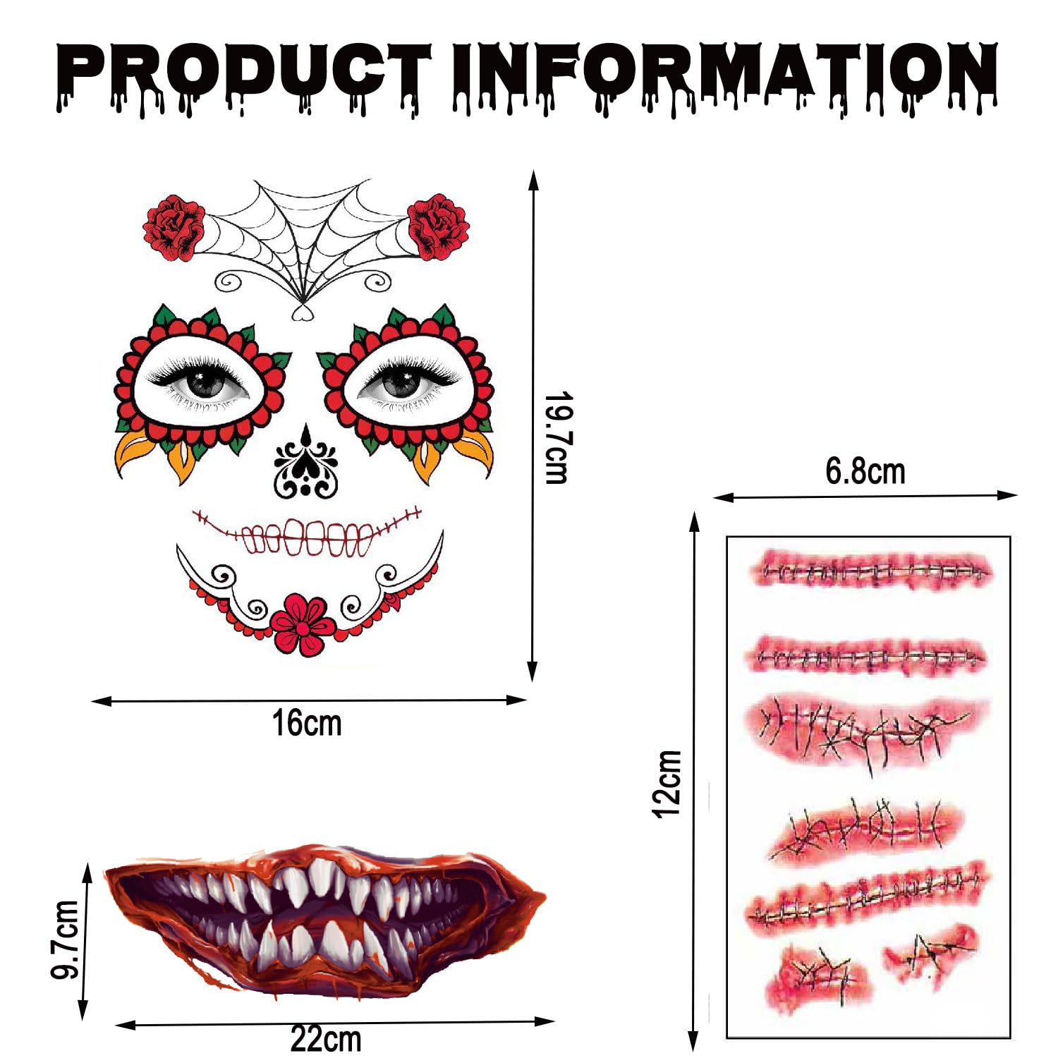 Tatuajes faciales adhesivos de Halloween para la cara, tatuajes temporales para adultos, calcomanías de maquillaje para fiesta de Halloween, kit de