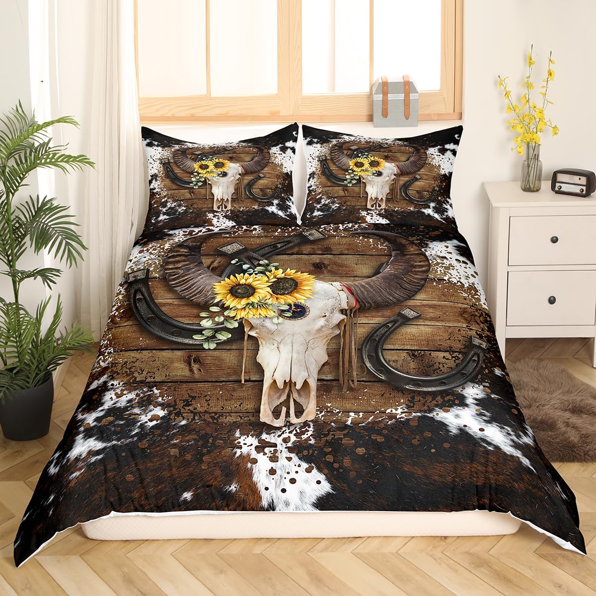 Juego de funda de edredón de calavera de vaca, tamaño Queen, juego de ropa de cama de madera de madera de vaca para niños, niñas y hombres,