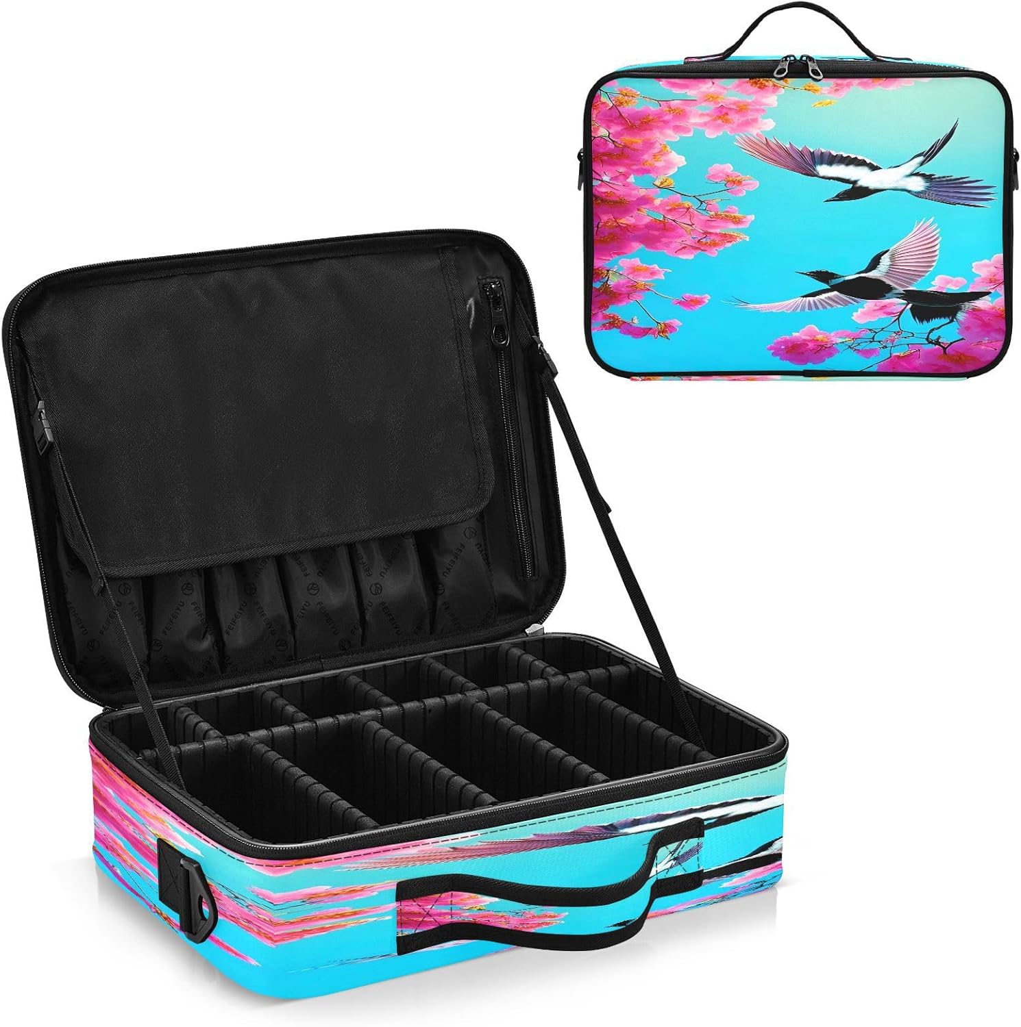 Bolsa de viaje de maquillaje de flores y pájaros rojo azul grande para artículos de aseo personal, bolsa de maquillaje de viaje, bolso para guardar