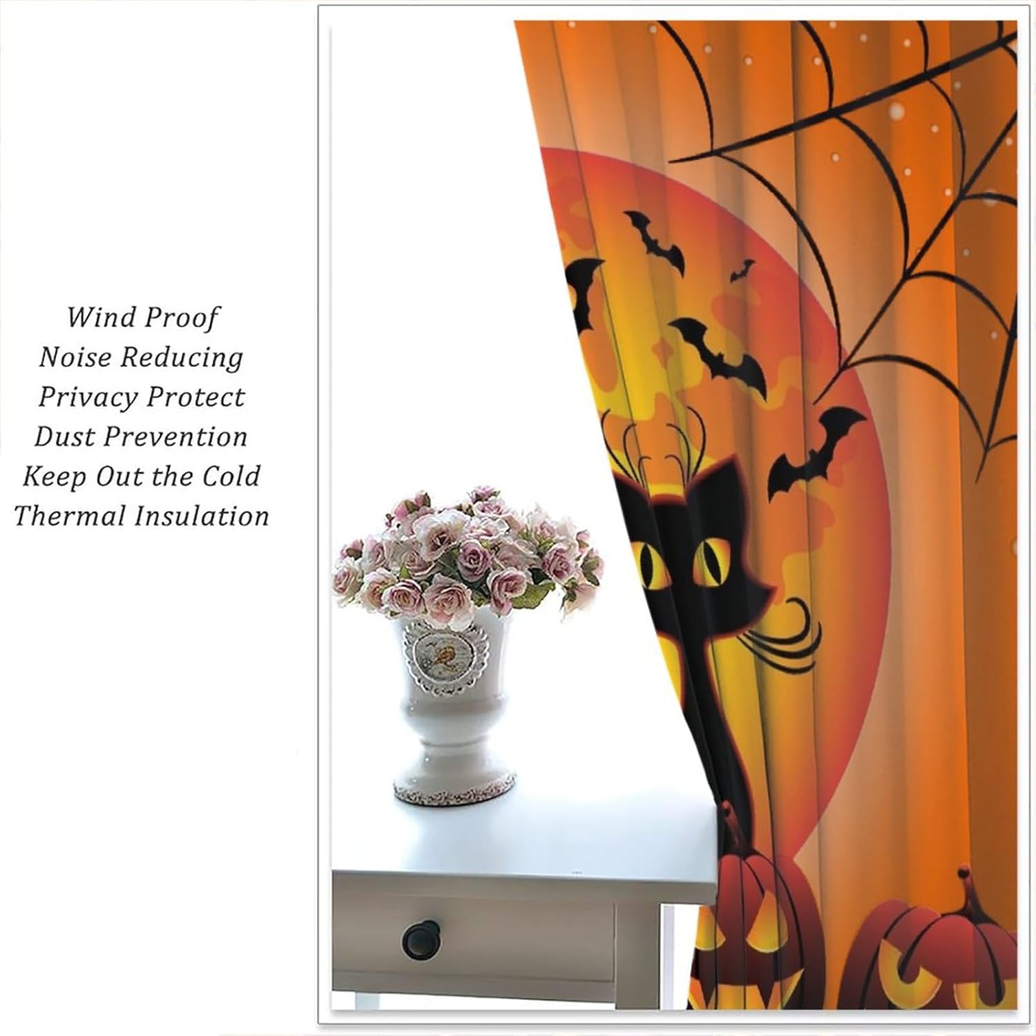 Cortinas de Halloween con diseño de gato negro, murciélagos góticos, araña, terror, fantasma, naranja, luna llena, noche de feliz Halloween,