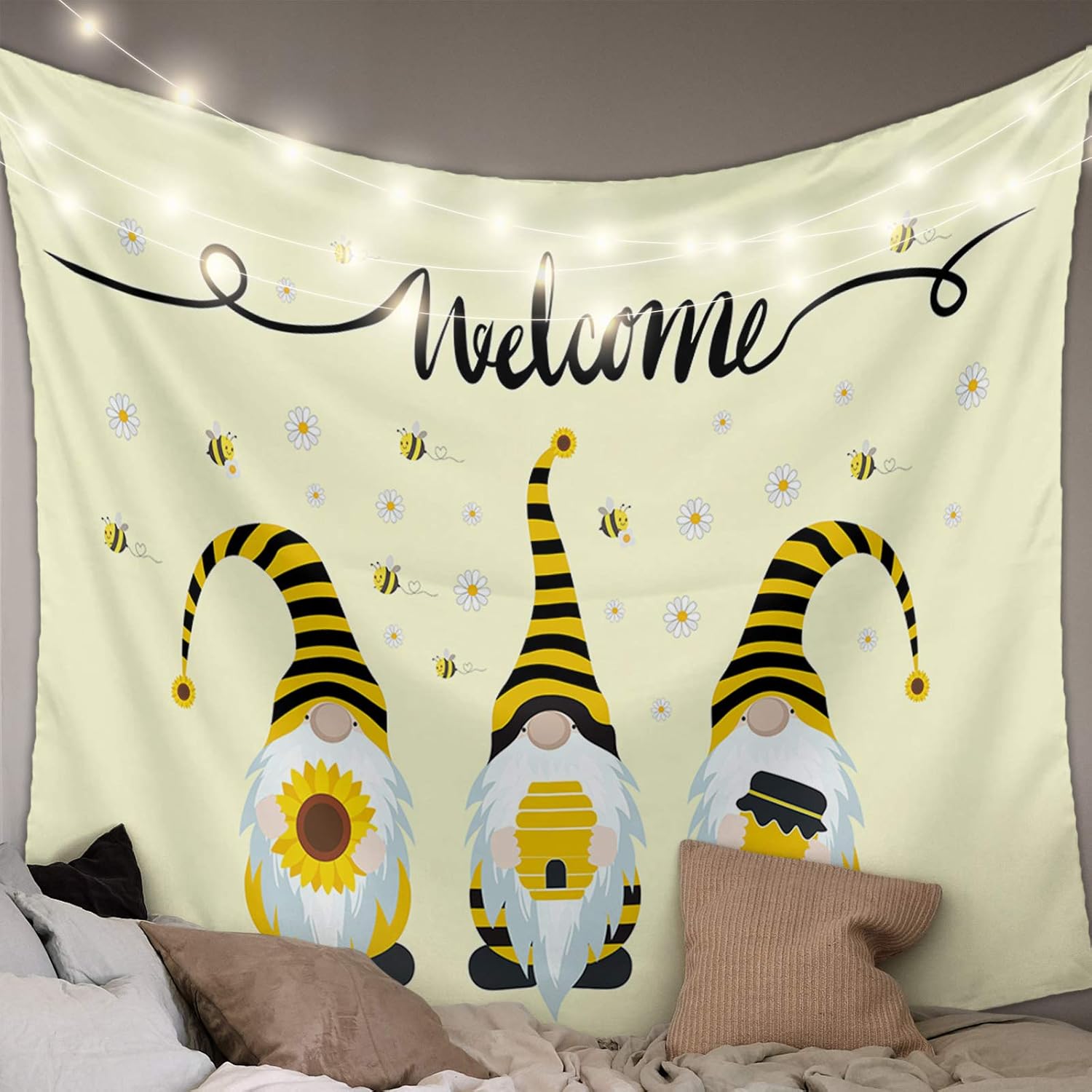 Tapiz para colgar en la pared, gnomos de abeja, tapices con girasol, tapiz estético de margaritas blancas y amarillas para dormitorio, sala de