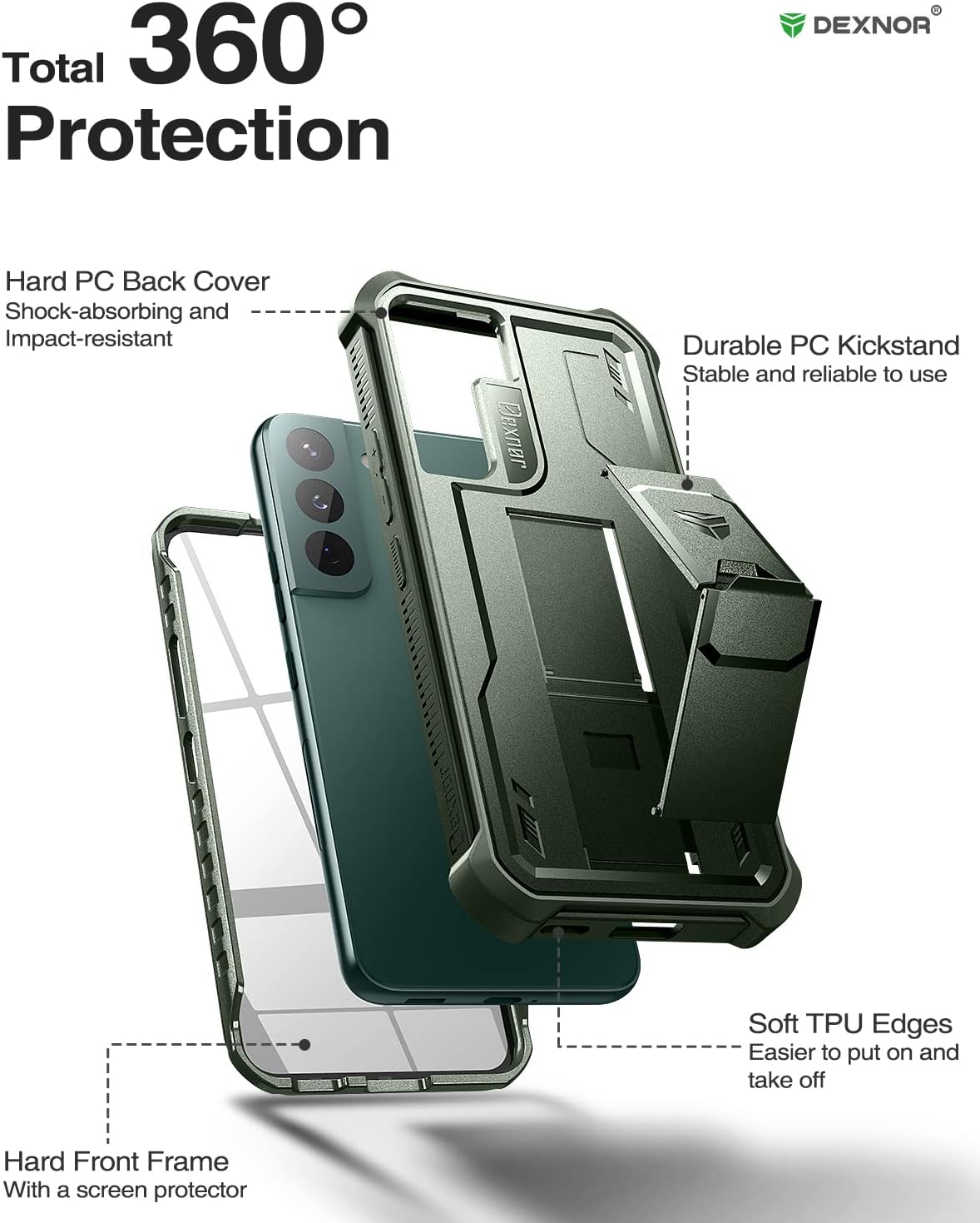 Dexnor Funda para Samsung Galaxy S22, protector de pantalla y soporte integrados Protección de grado militar resistente a prueba de golpes para