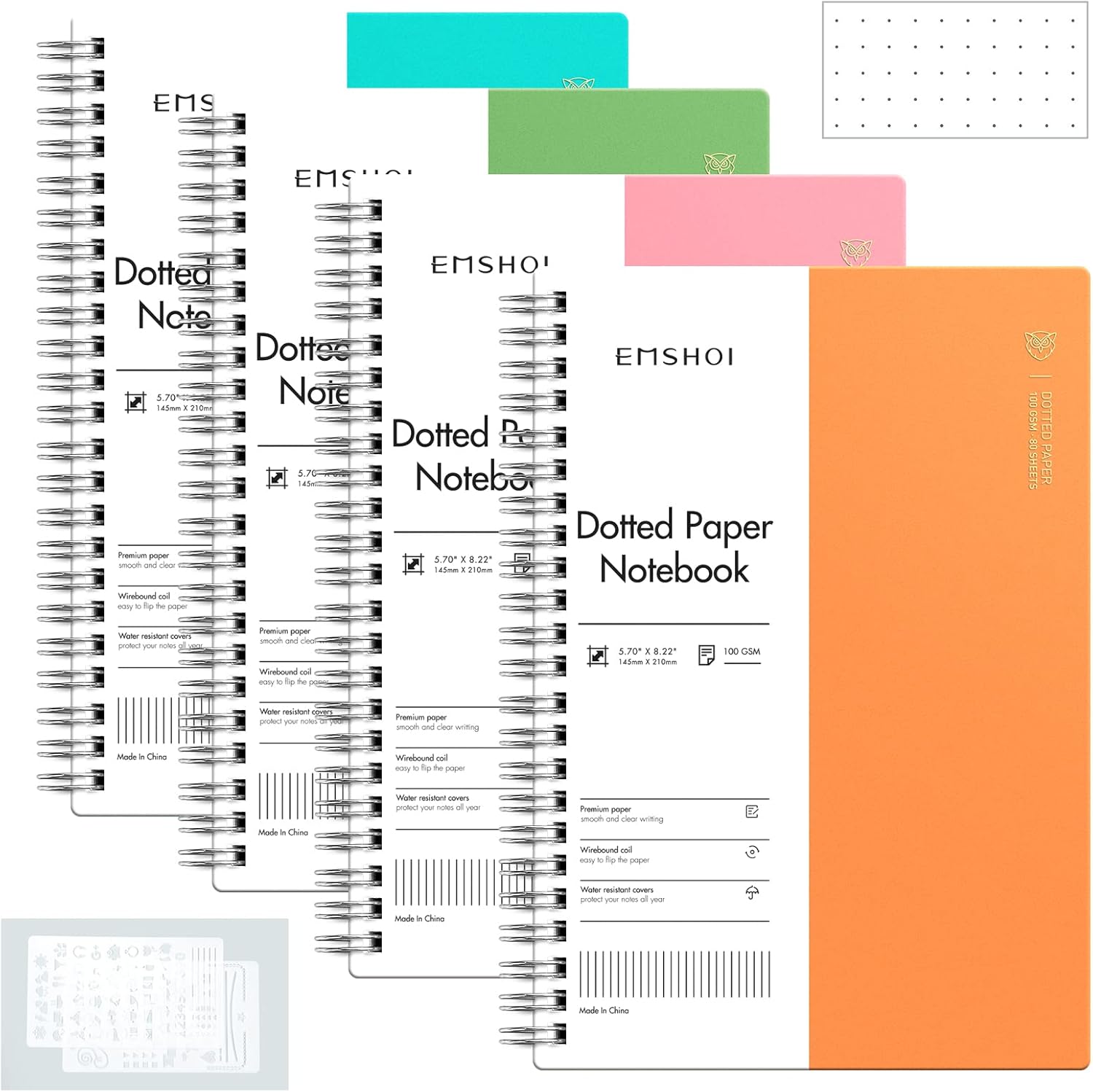 EMSHOI Cuaderno de espiral de puntos, paquete de 4 cuadernos A5 de cuadrícula de puntos pequeños de 5.7 x 8.22 pulgadas, 640 páginas de 3.53 ozm de