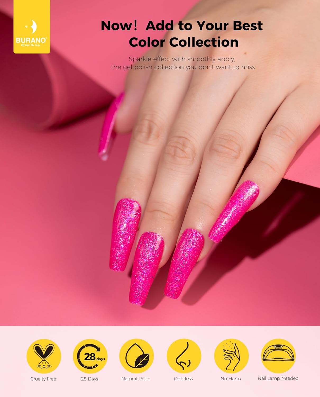 BURANO Esmalte de uñas de gel con purpurina, secado UV LED, efecto holográfico, gel brillante sin astillas, rosa intenso (LP14)