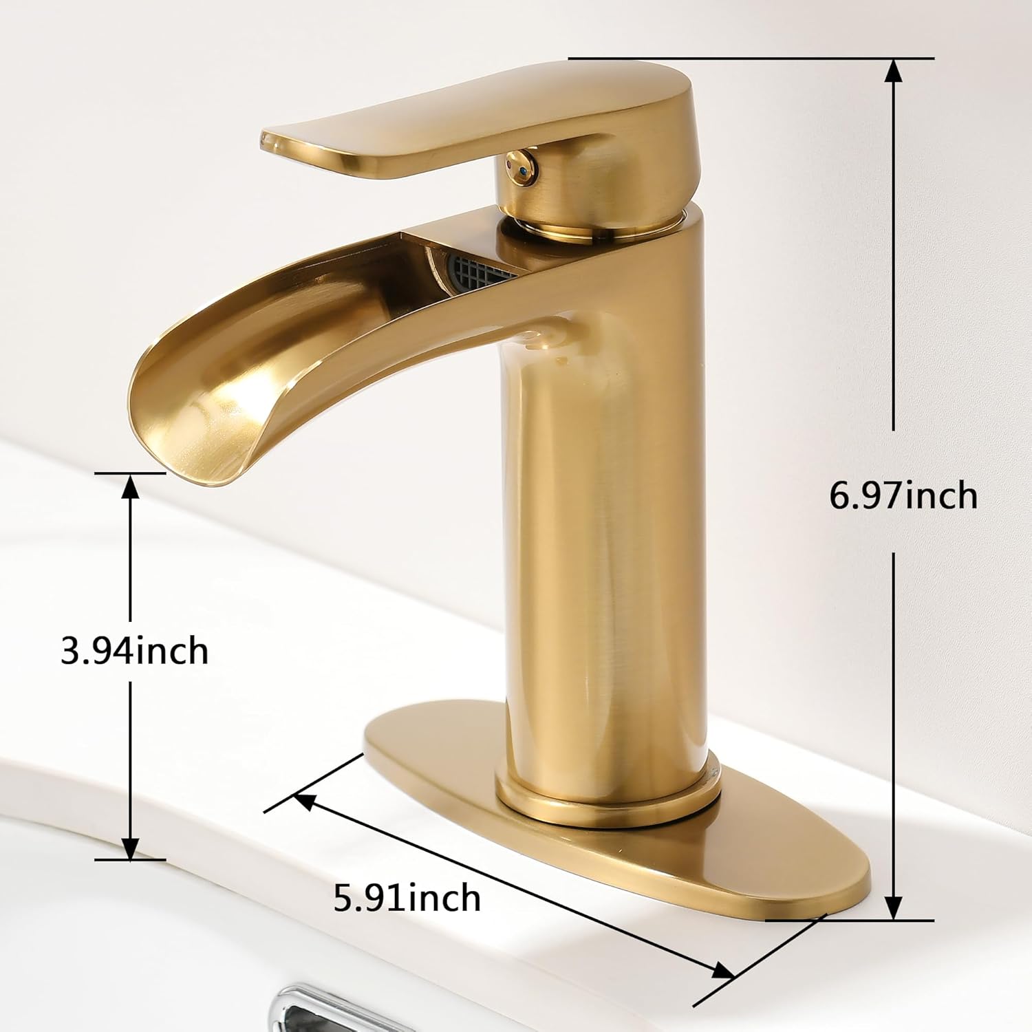 BRAVEBAR Grifo de baño de cascada dorada, grifos de baño de un solo orificio de latón macizo moderno de una sola manija para 1 agujero con placa de