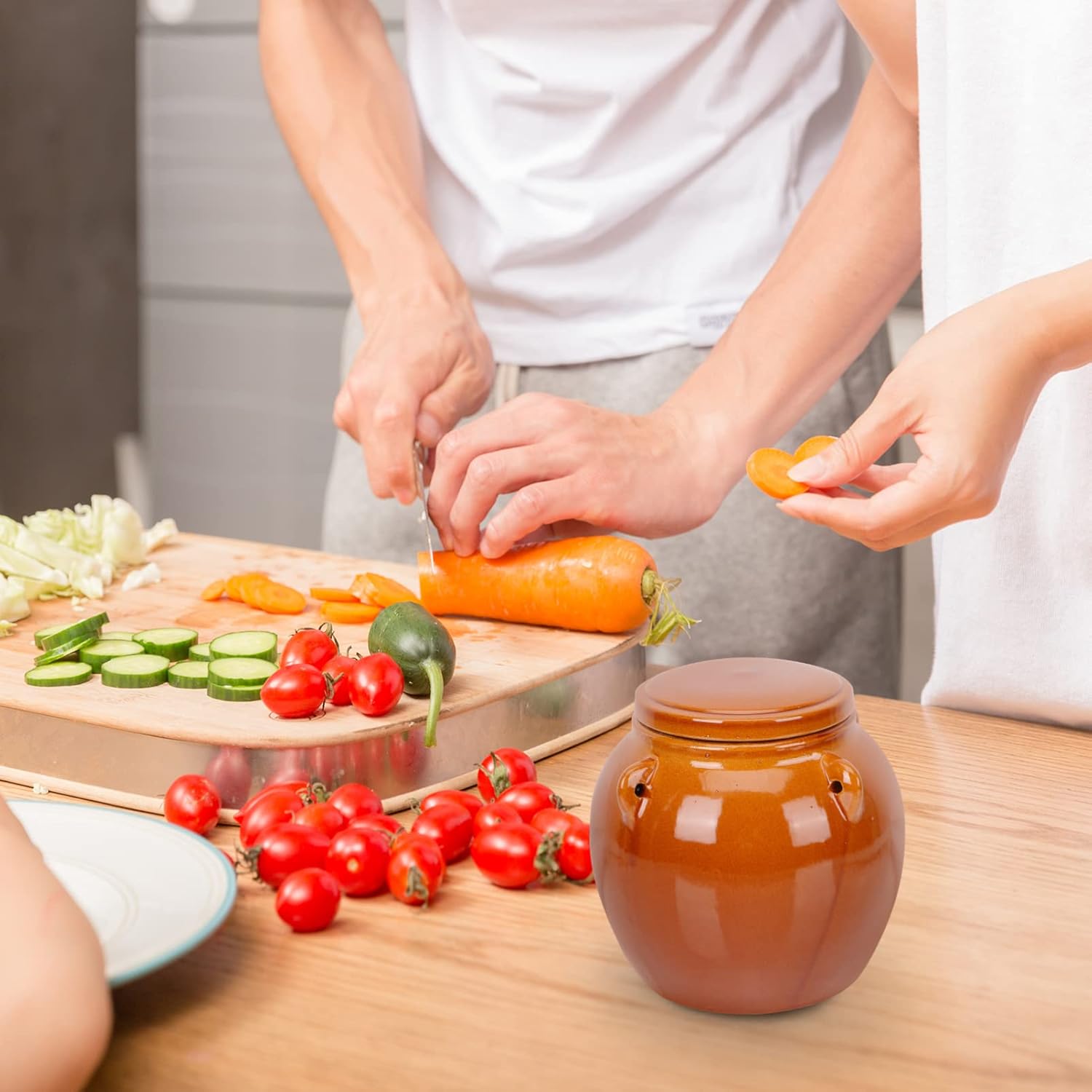 Vaguelly Contenedor de cereales de cerámica de 1 litro, recipiente de fermentación Kimchi con tapa hermética, tarro de vino para preparar, tarro de
