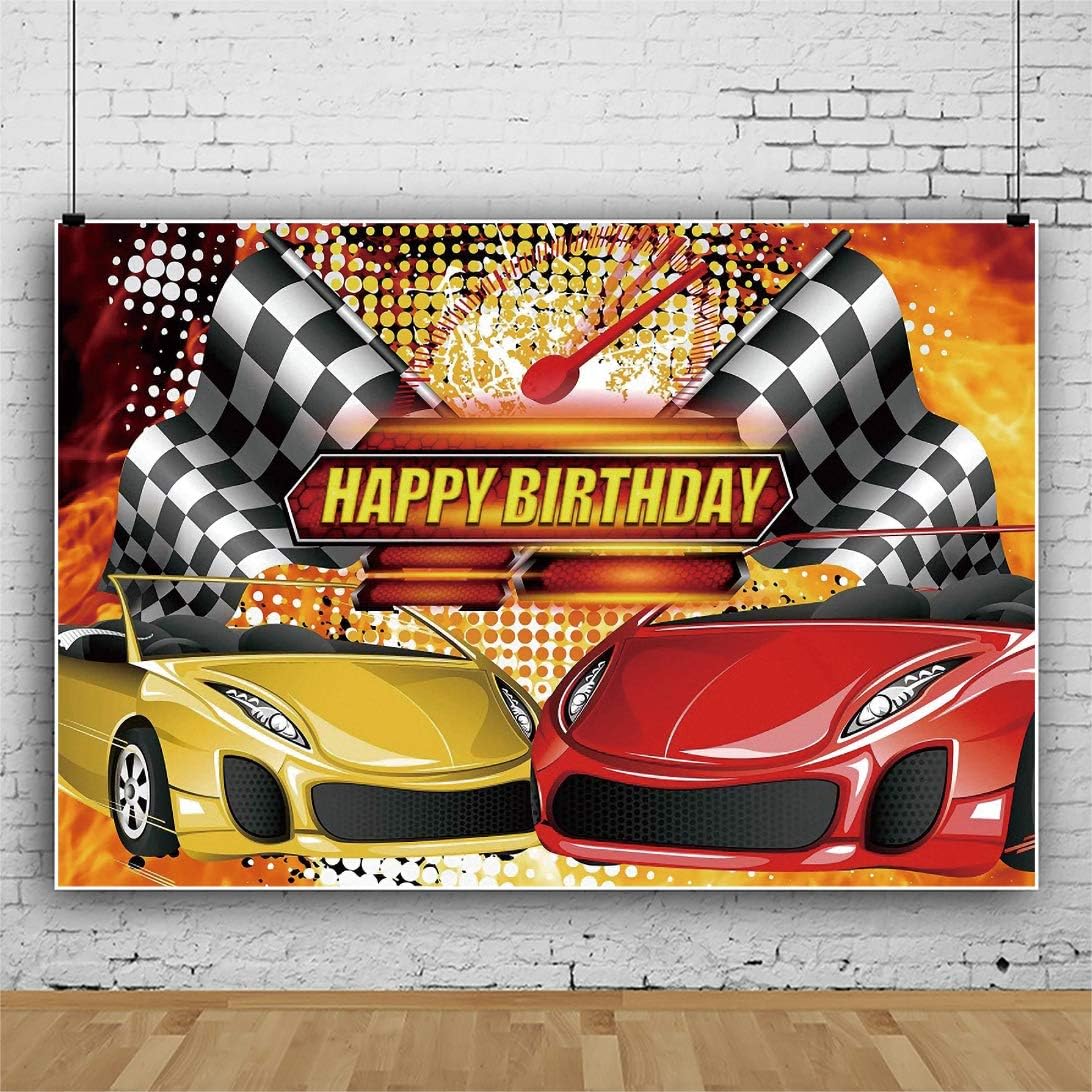 Yeele Telón de fondo con temática de coche de carreras de 5 x 4 pies, color rojo y amarillo, bandera de campeón de auto, fondo de fotografía para