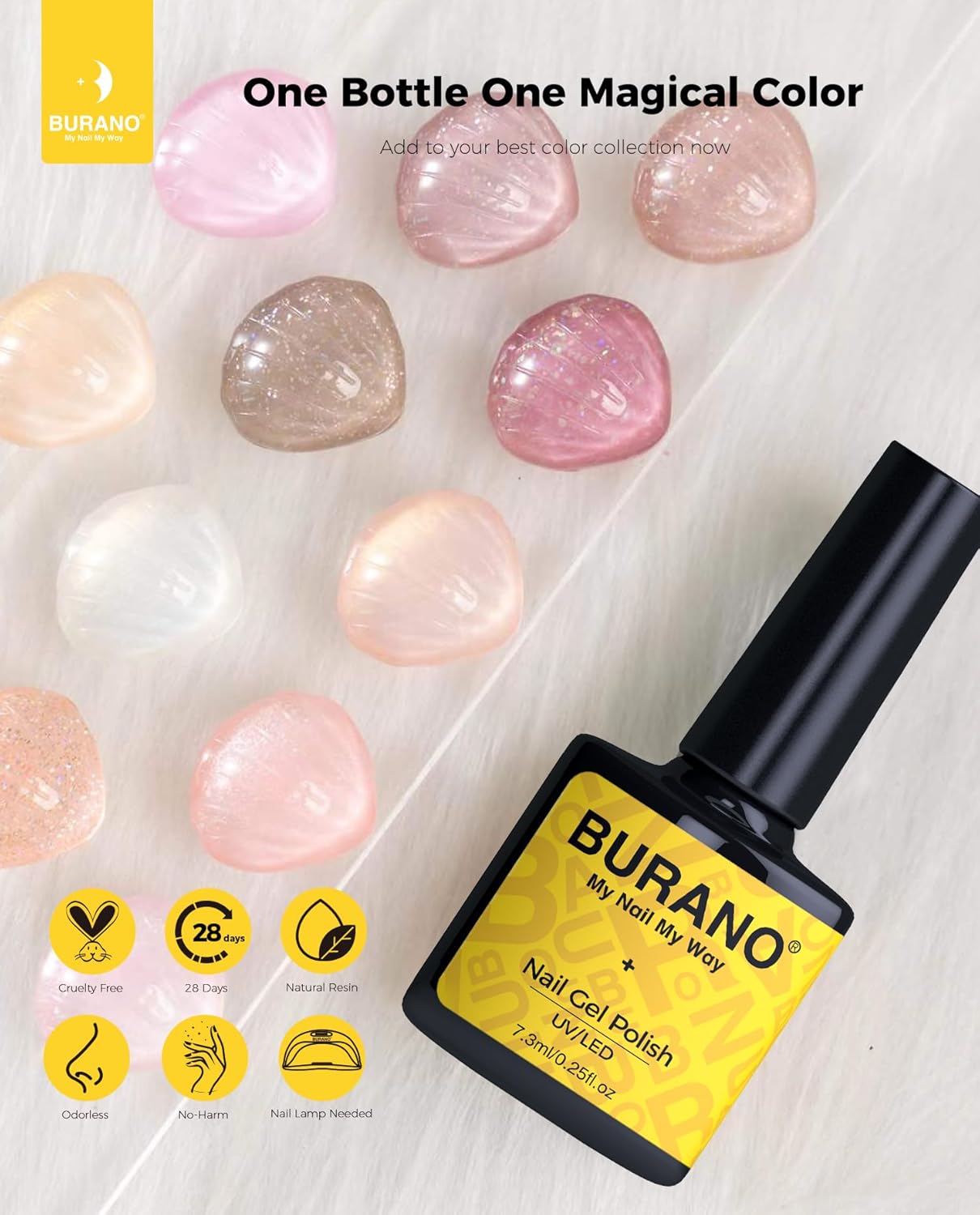 BURANO Esmalte de gel rosa con purpurina, esmalte de gel neutro color rosa nude, 0.2 fl oz, tono de piel rosa brillante, gel natural de remojo UV