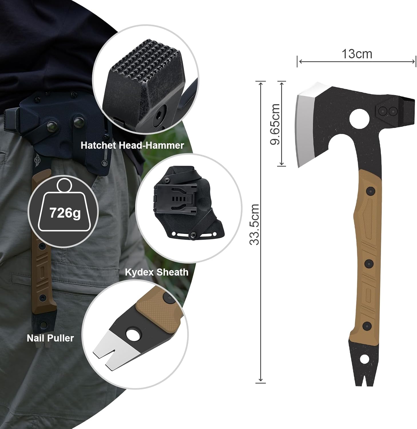 OKNIFE Otacle – Hacha multifuncional A1, resistente, espiga completa, hacha 4 en 1, cómoda, agarre antideslizante con funda Kydex duradera