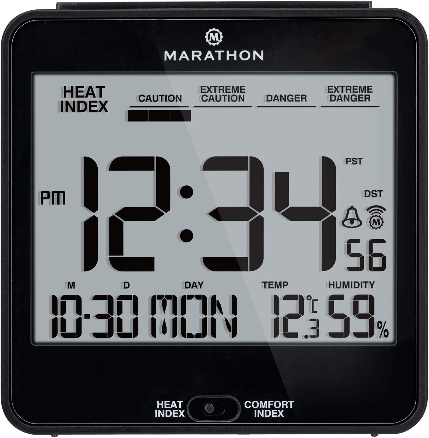 Reloj de mesa de noche Marathon, automático con luz, con índice de calor y comodidad, incluye baterías Negro