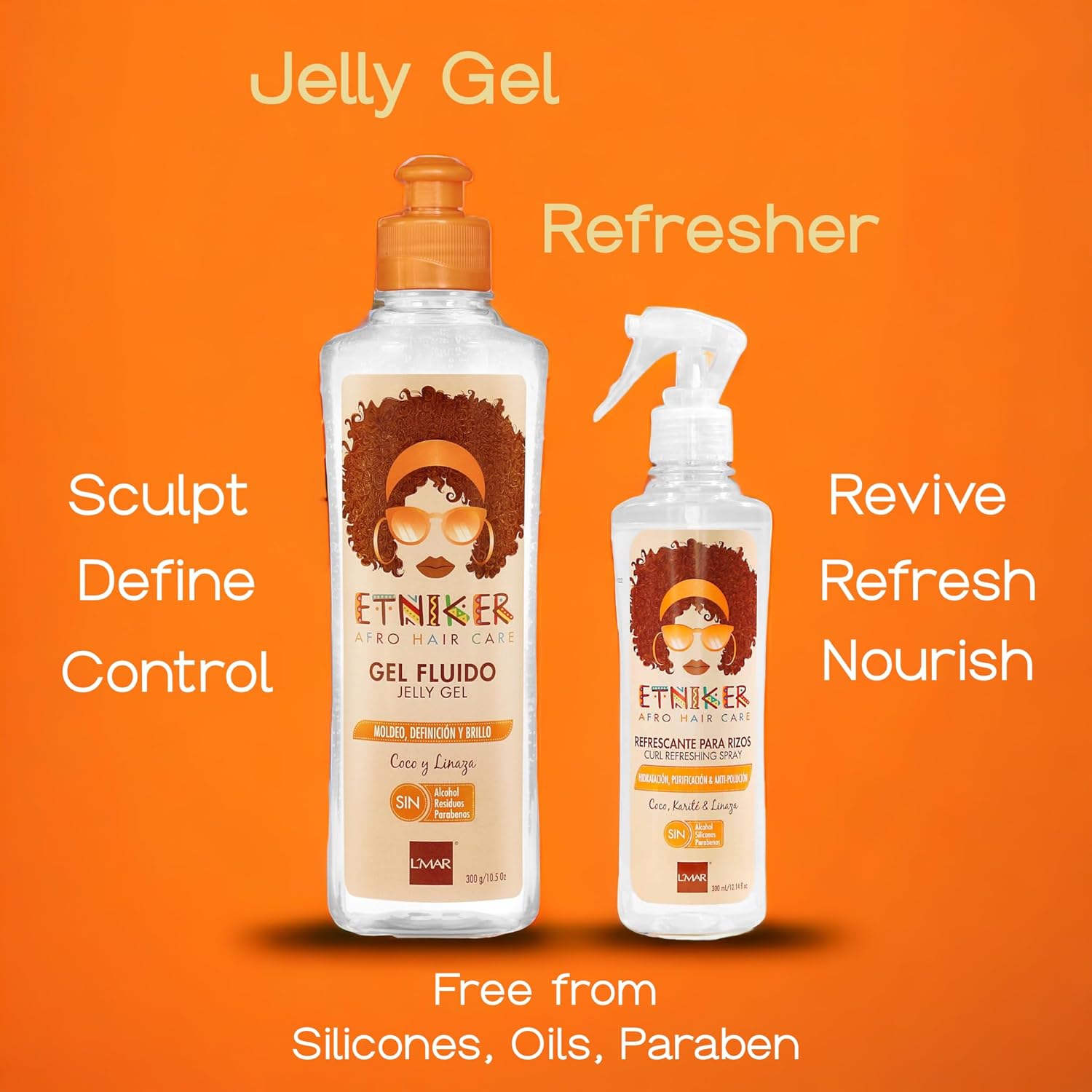 Etniker Kit para rizos gel de gelatina ETNIKER y spray refrescante de rizos  Nutrie, define y revive con coco, linaza y manteca de karité  Sin