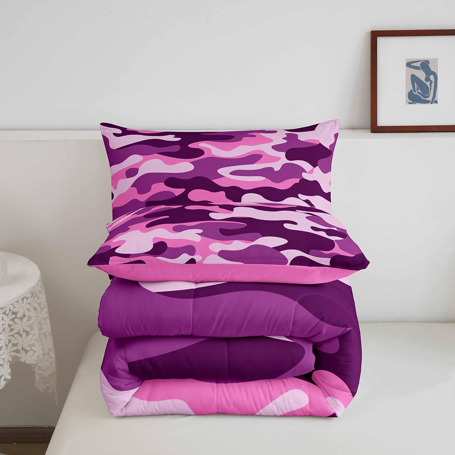 Erosebridal Juego de ropa de cama individual de camuflaje rosa y morado para niños, niñas y adolescentes, juego de edredón de camuflaje militar,