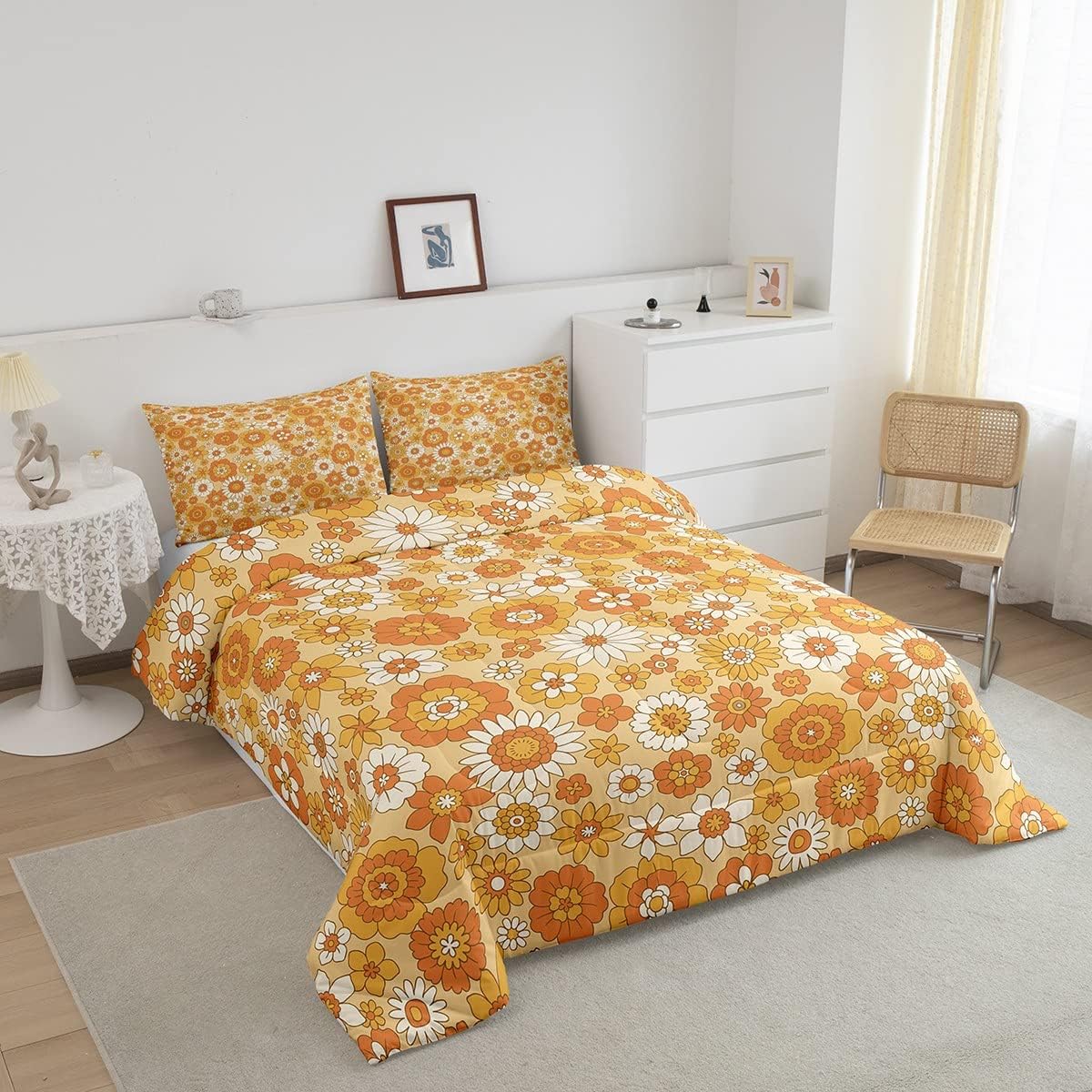 Erosebridal Juego de ropa de cama retro floral de los años 60 y 70, tamaño individual, color beige y blanco, edredón de plumón hippie colorido para
