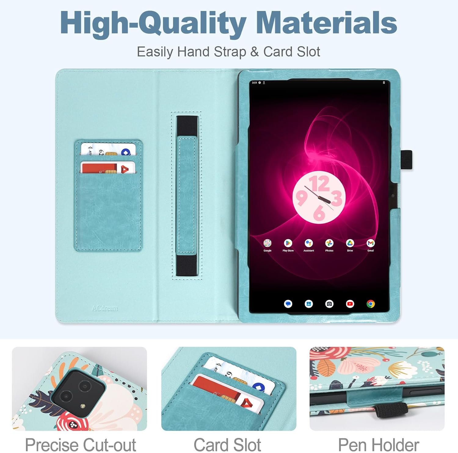 ACdream Funda para T-Mobile Revvl Tab 5G 2023, funda protectora delgada de cuero con función de encendido automático, correa de mano y ranuras para