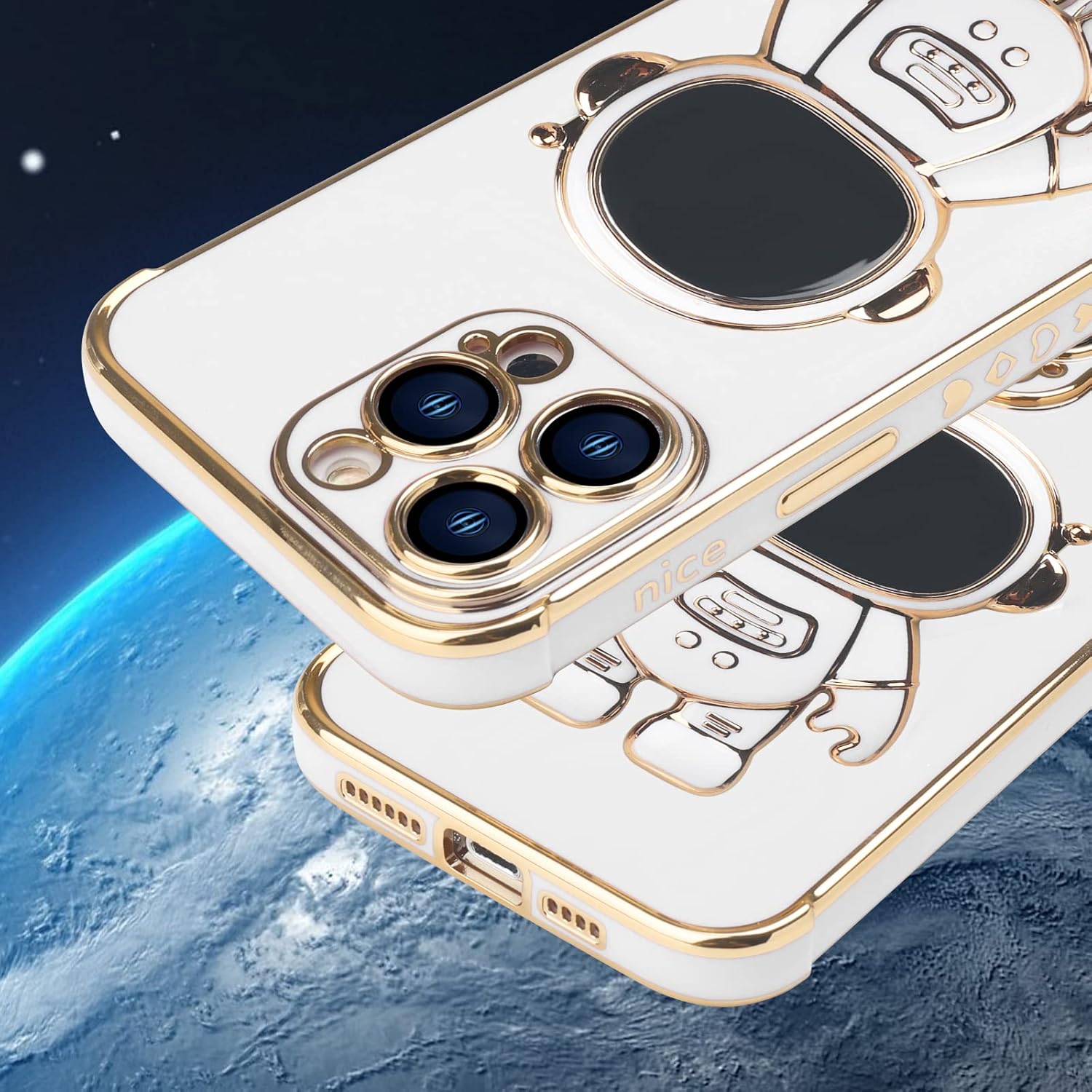Omio – Funda compatible con iPhone 15 Pro Max con soporte oculto de astronauta, funda de lujo chapado en corazón con borde lateral, pequeño patrón