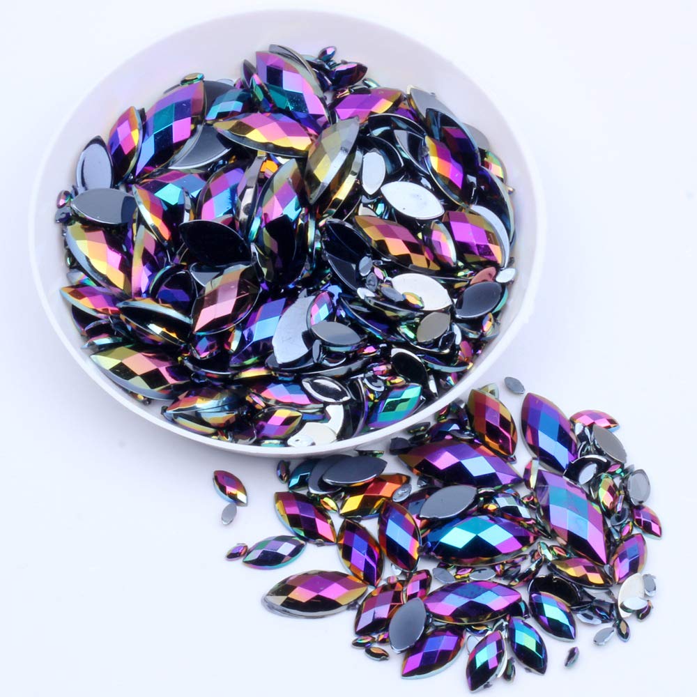 300 piezas de diamantes de imitación mixtos de color AB de ojo de caballo negro para arte de uñas, parte trasera plana, cristal con purpurina 3D,
