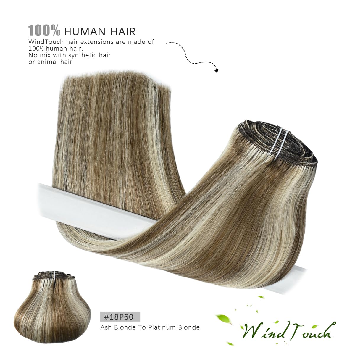 WindTouch Extensiones de cabello humano con clip, balayage, rubio ceniza degradado a rubio platino, cabeza completa, 14 pulgadas, 4.23 oz, 7 piezas