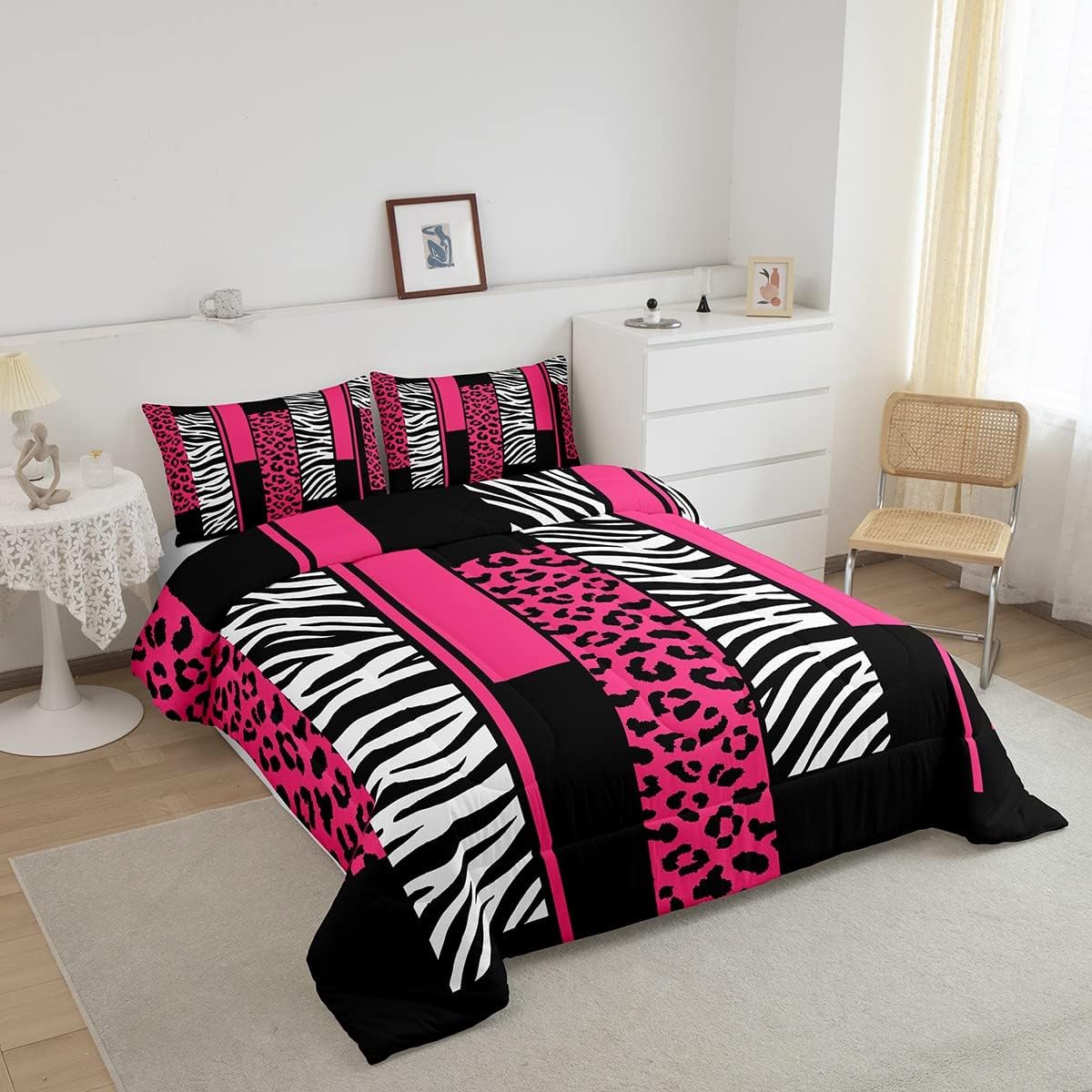 Feelyou Juego de edredón de cebra de leopardo, tamaño individual, para niños, rosa, blanco, negro, para niños, adolescentes, juego de ropa de cama