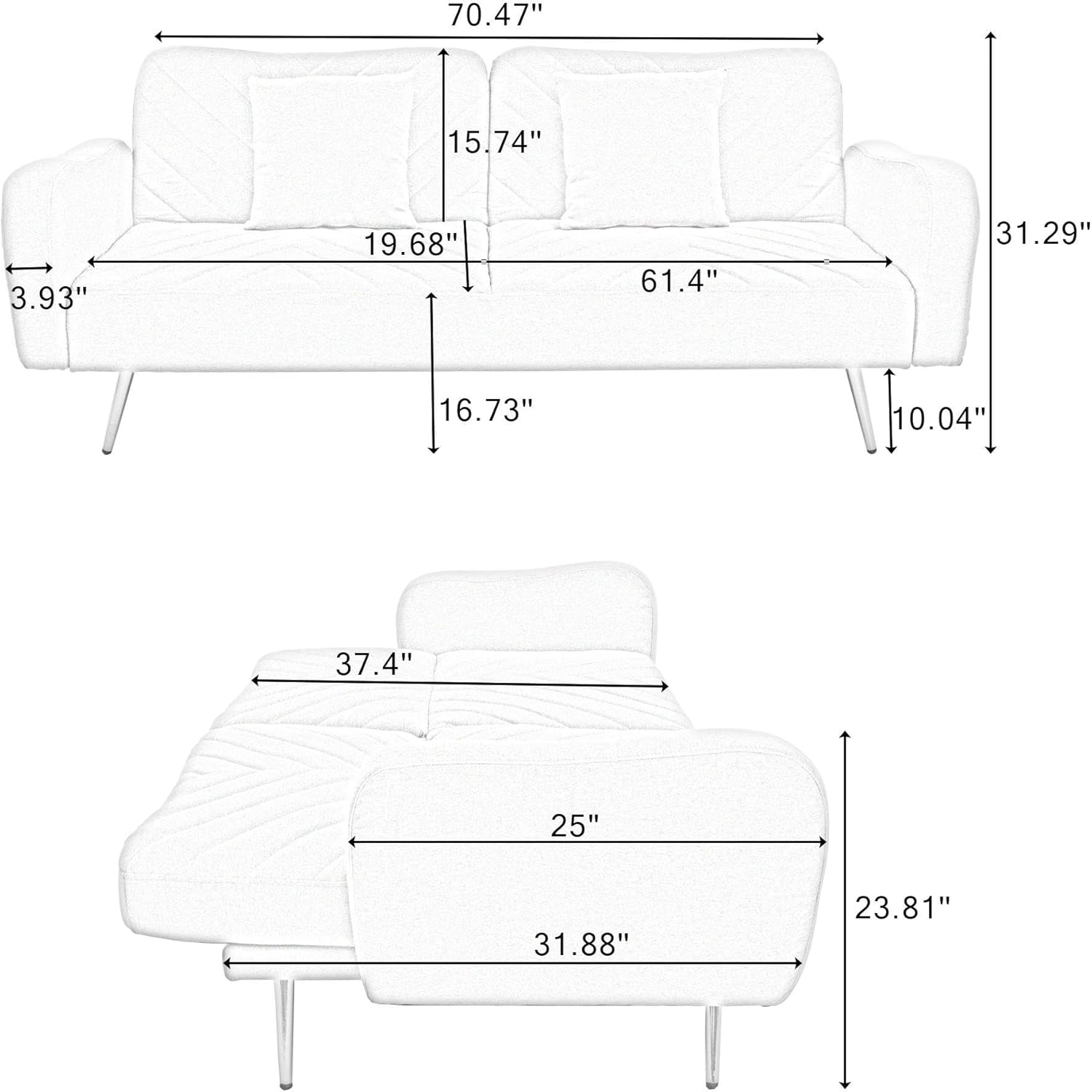 Futón de 70 pulgadas con colchón incluido, sofá cama futón con respaldo dividido y 2 cojines, sofá cama convertible con patas y brazos de metal