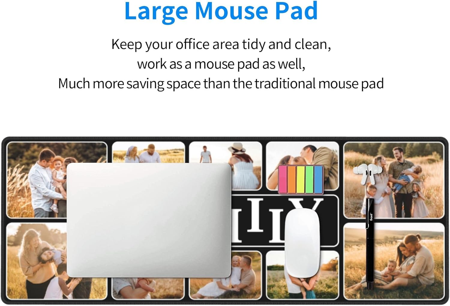 Alfombrilla de mouse personalizada con collage de 10 fotos de 31.5 x 12 pulgadas, alfombrilla de mouse personalizada con diseño familiar,