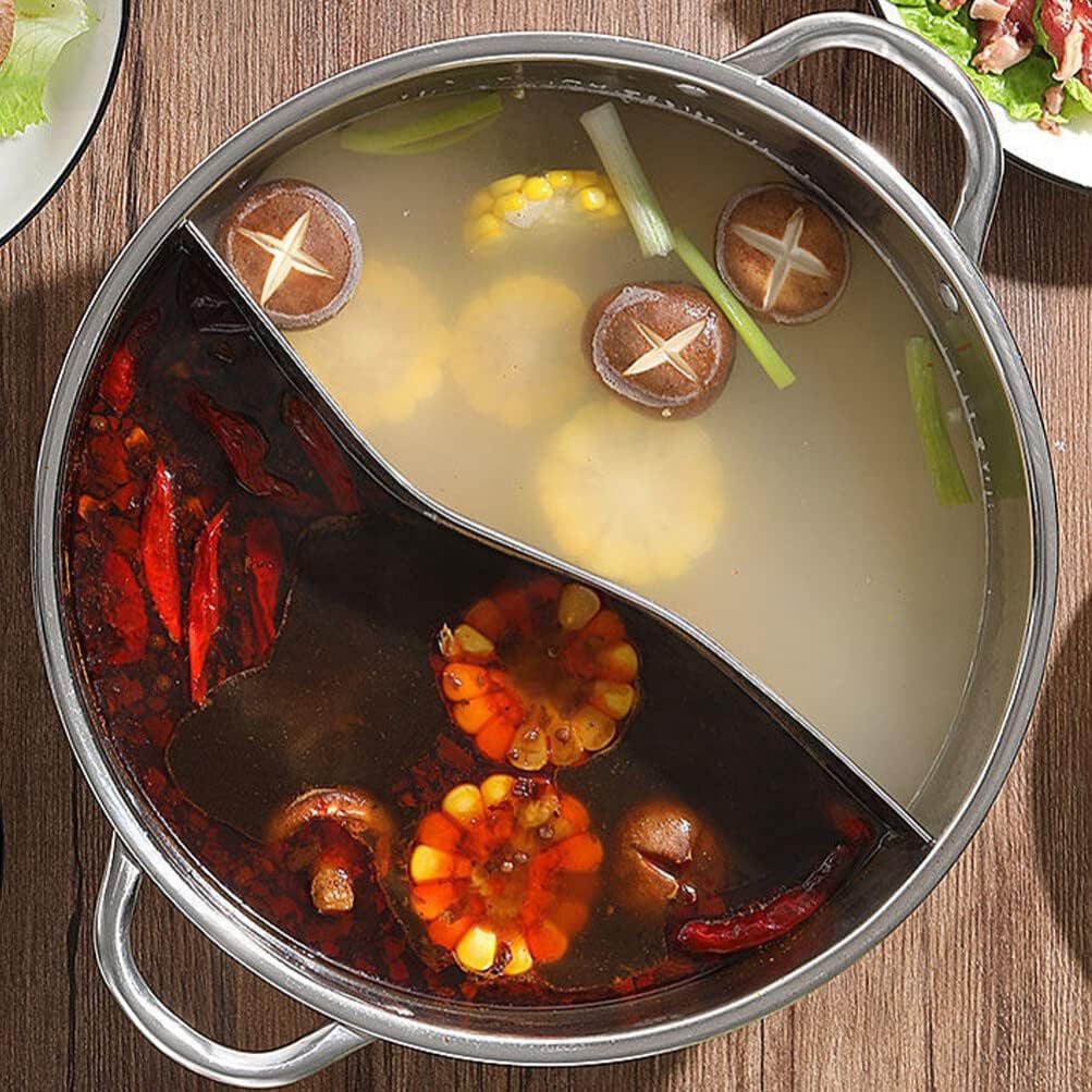 Olla dividida de doble sabor Shabu Shabu Olla con divisor Olla caliente antiadherente de doble cara 11.0 in Olla dividida para estufa de inducción