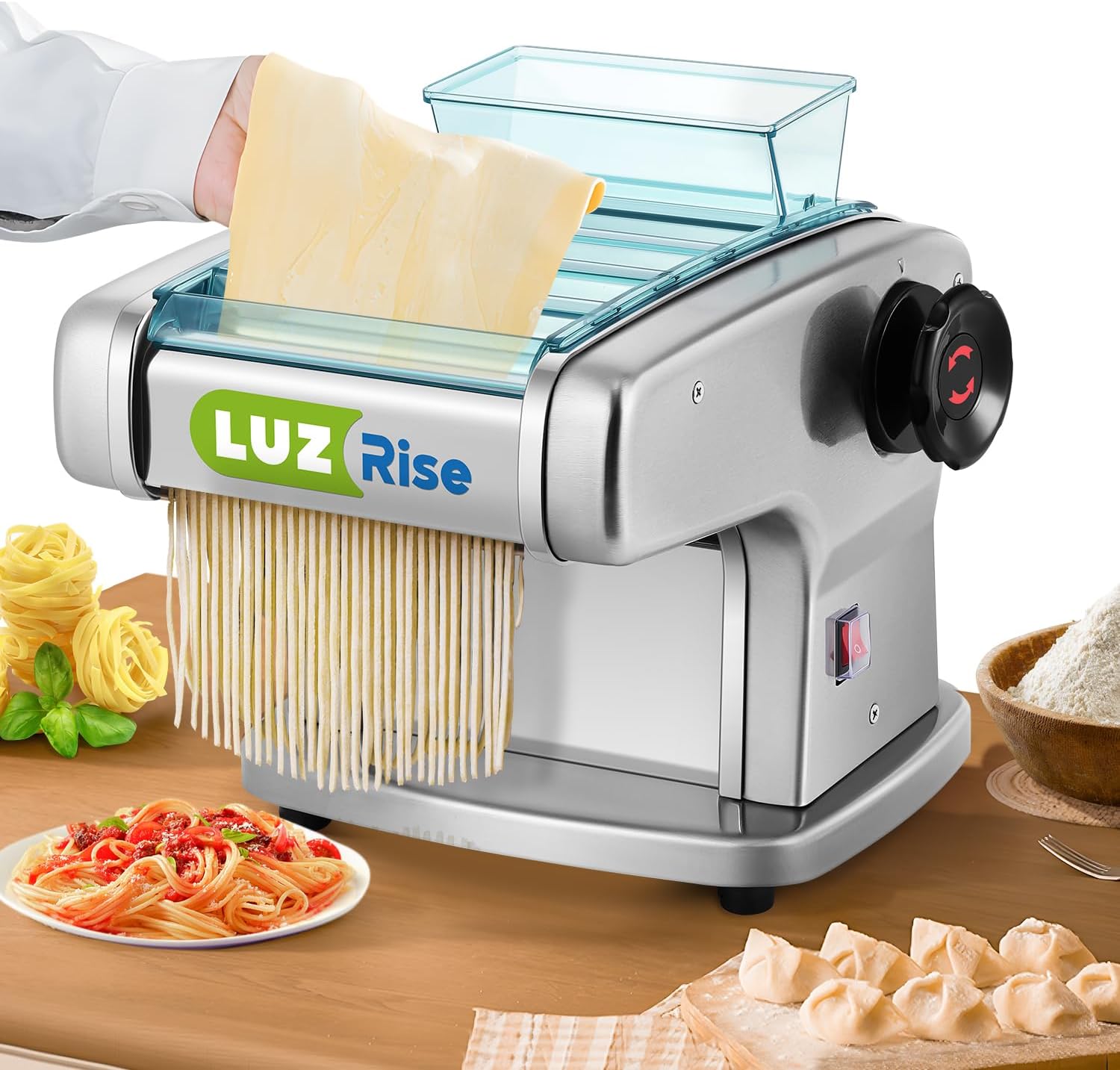 Máquina automática para hacer pasta eléctrica, rodillo de masa de pasta fresca, acero inoxidable (4 cuchillas para fideos planos de 0.079 in, 0.098