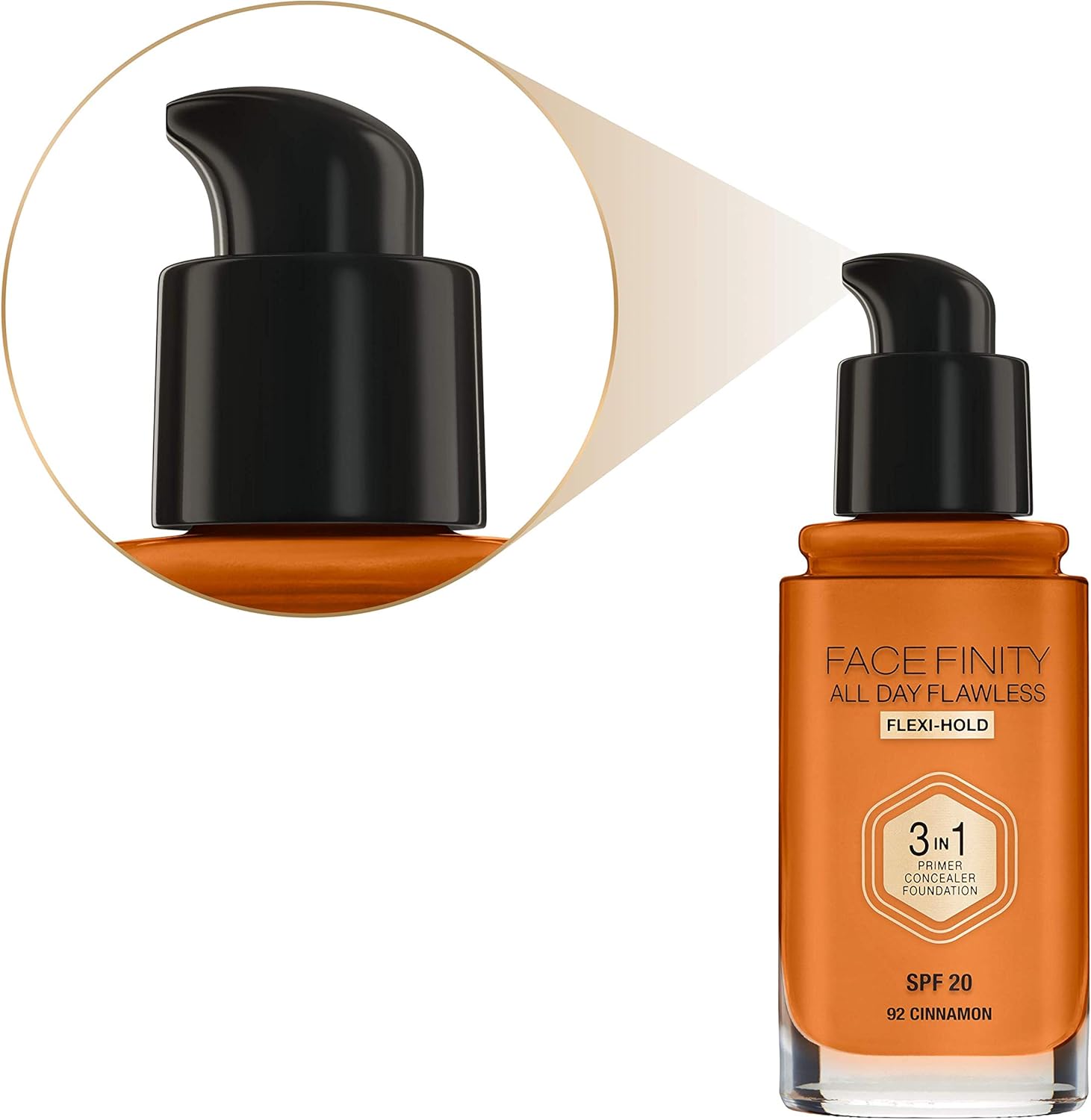 Max Factor Facefinity – Base de maquillaje 3 en 1 All Day Flawless SPF 20#092 Canela, 7.05 onzas