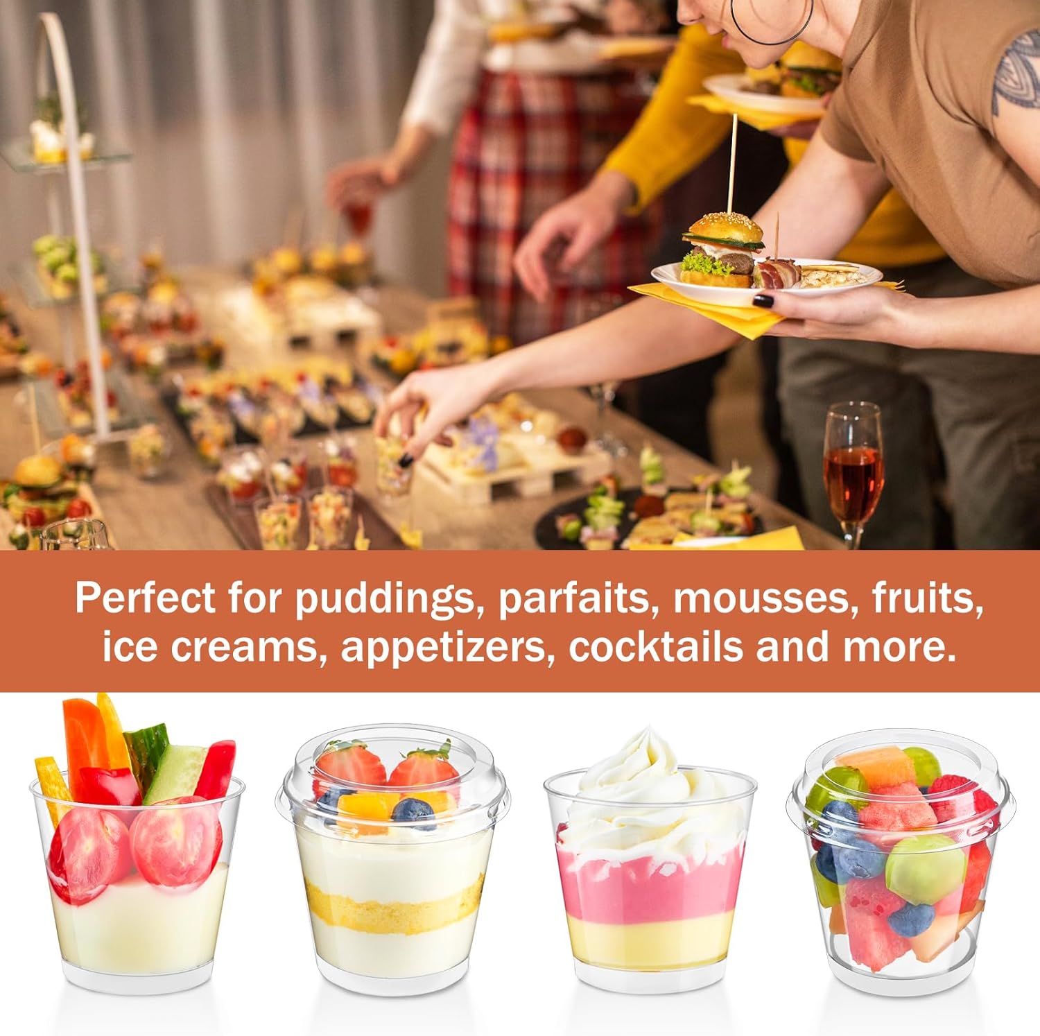 Qeirudu Paquete de 50 vasos de plástico de 6 onzas con tapas para postres, mini tazas de postre con cucharas, tazas redondas para servir yogur,