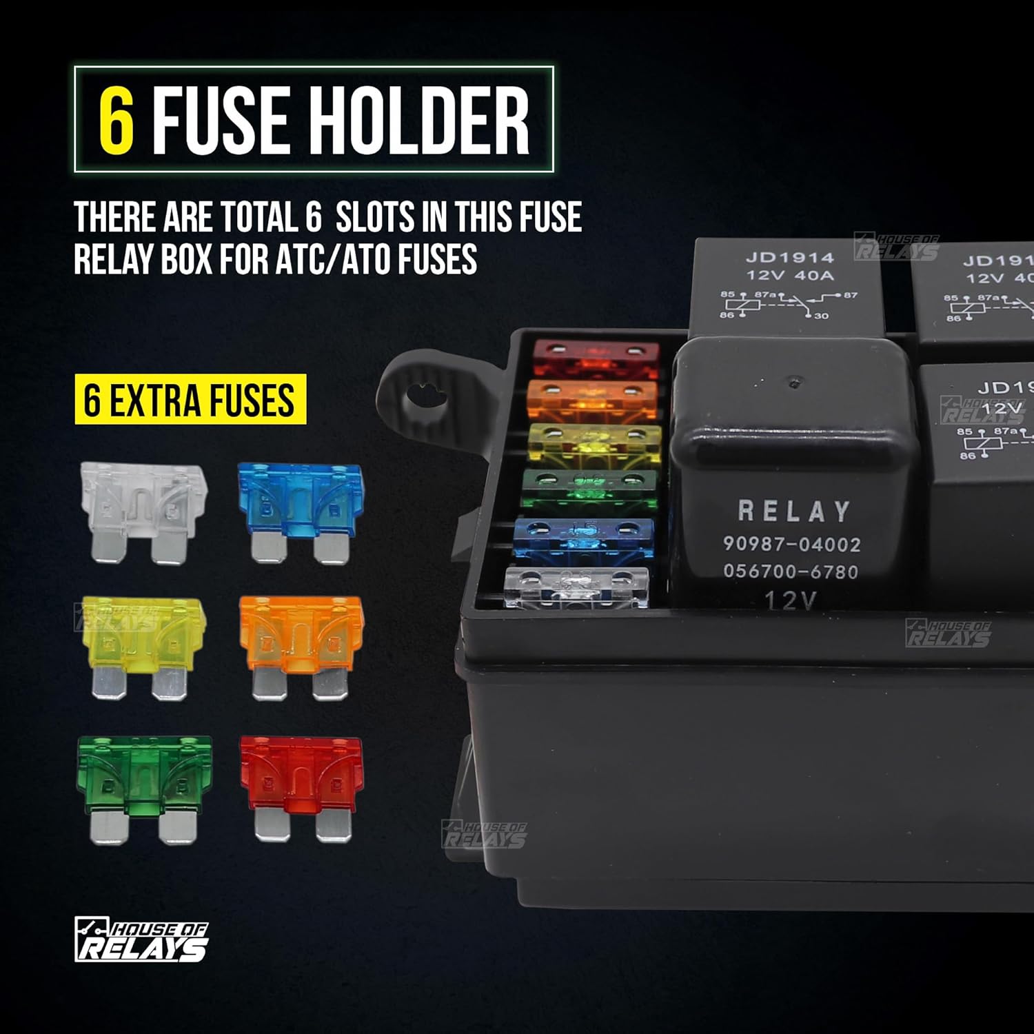 House of Relays Universal 12V DC Relé y bloque de fusibles con 5 pines JD1914 40A y 1 relés RTT7121 de 4 pines de 4 pines, 6 fusibles ATCATO, caja