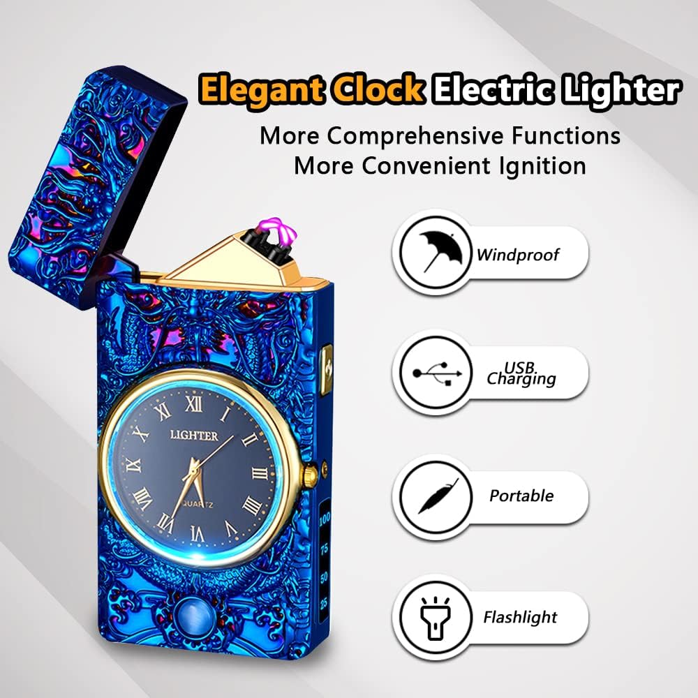 Faro de reloj, encendedor eléctrico, encendedor de plasma de doble arco, encendedor USB recargable con pantalla de batería, encendedor fresco con