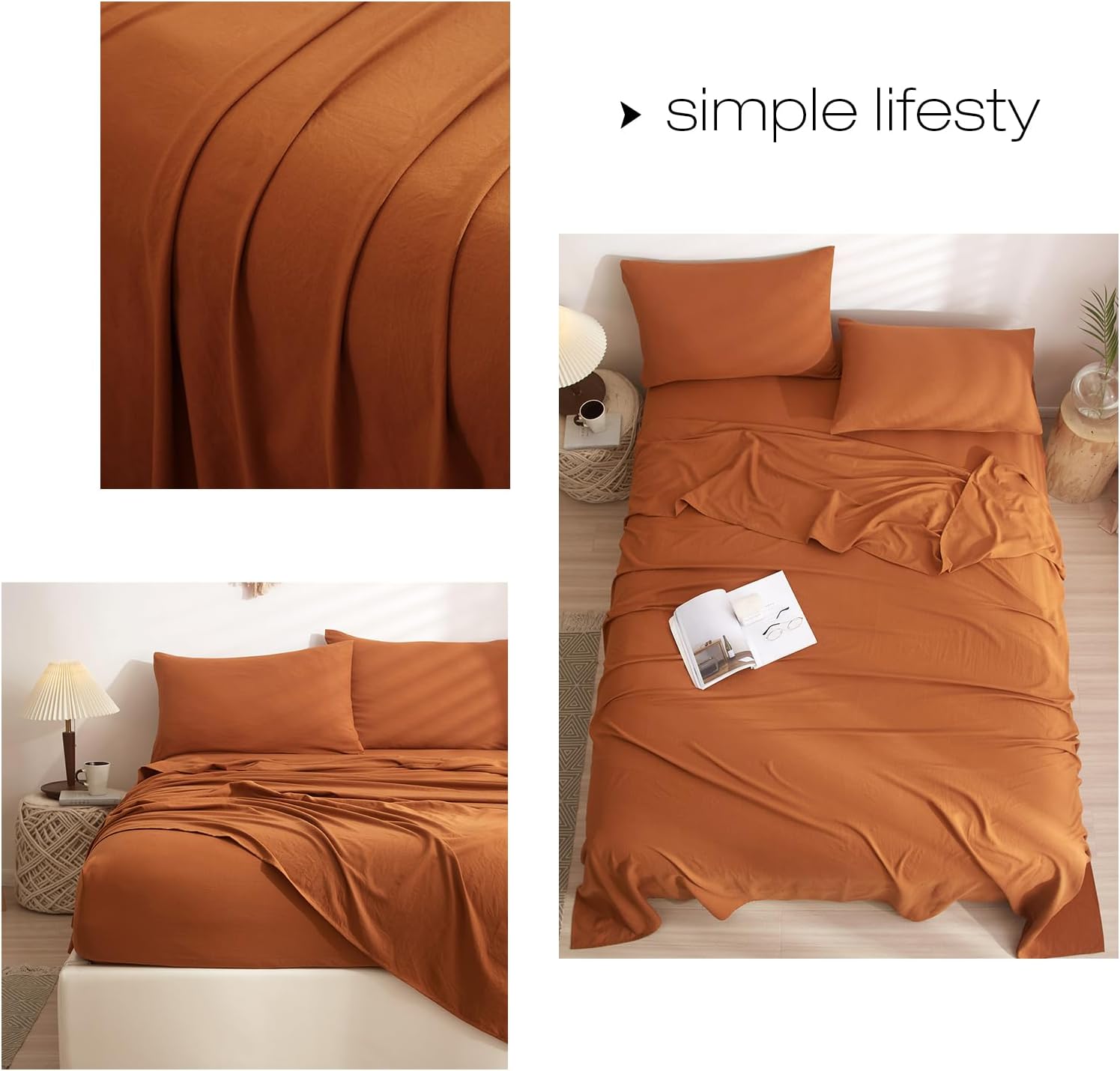 BuLuTu Juego de sábanas de tamaño King con bolsillo profundo, sábanas de calabaza 100% microfibra lavada, juego de sábanas y fundas de almohada de 4
