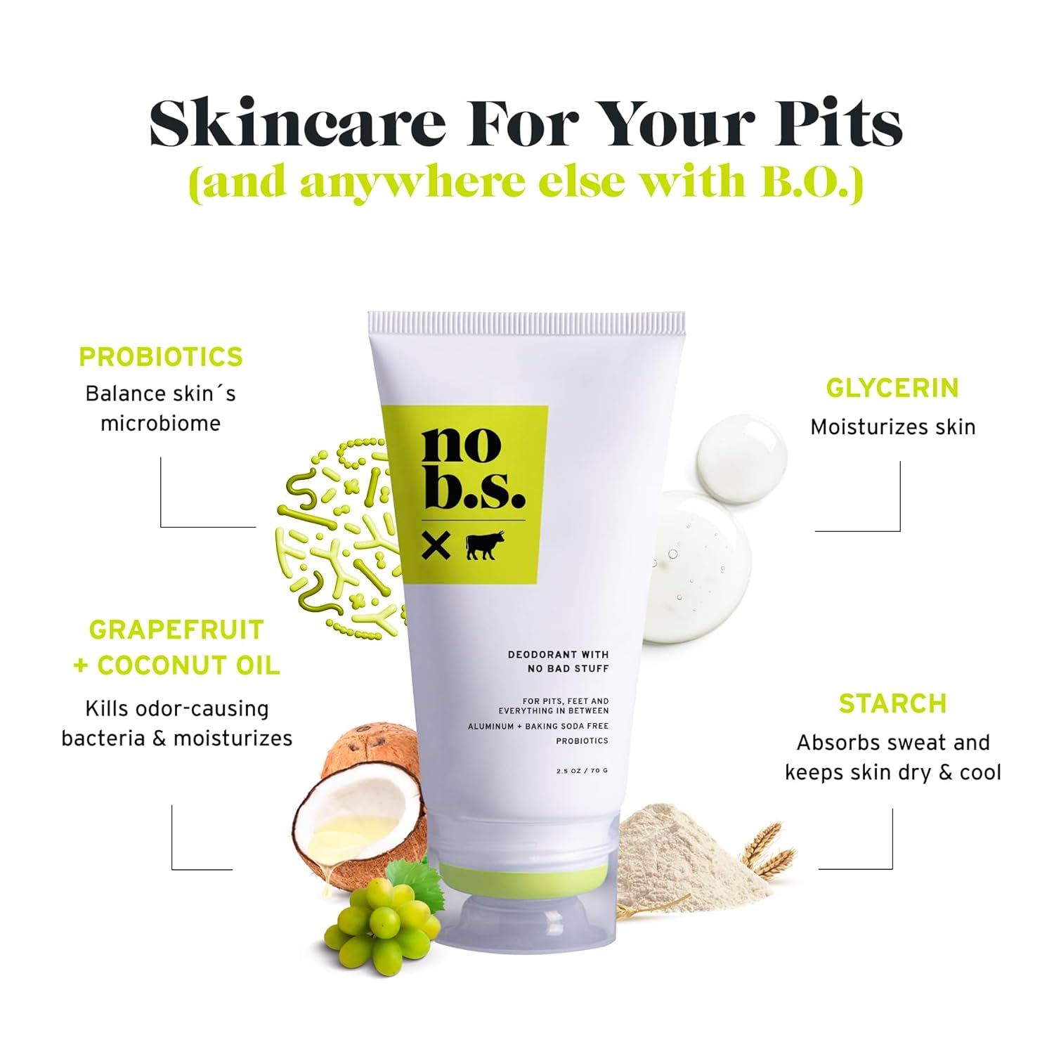 No BS – Desodorante de cuerpo completo sin aluminio para todo tipo de piel, frescura las 24 horas, protección natural del olor y cuidado de la piel,
