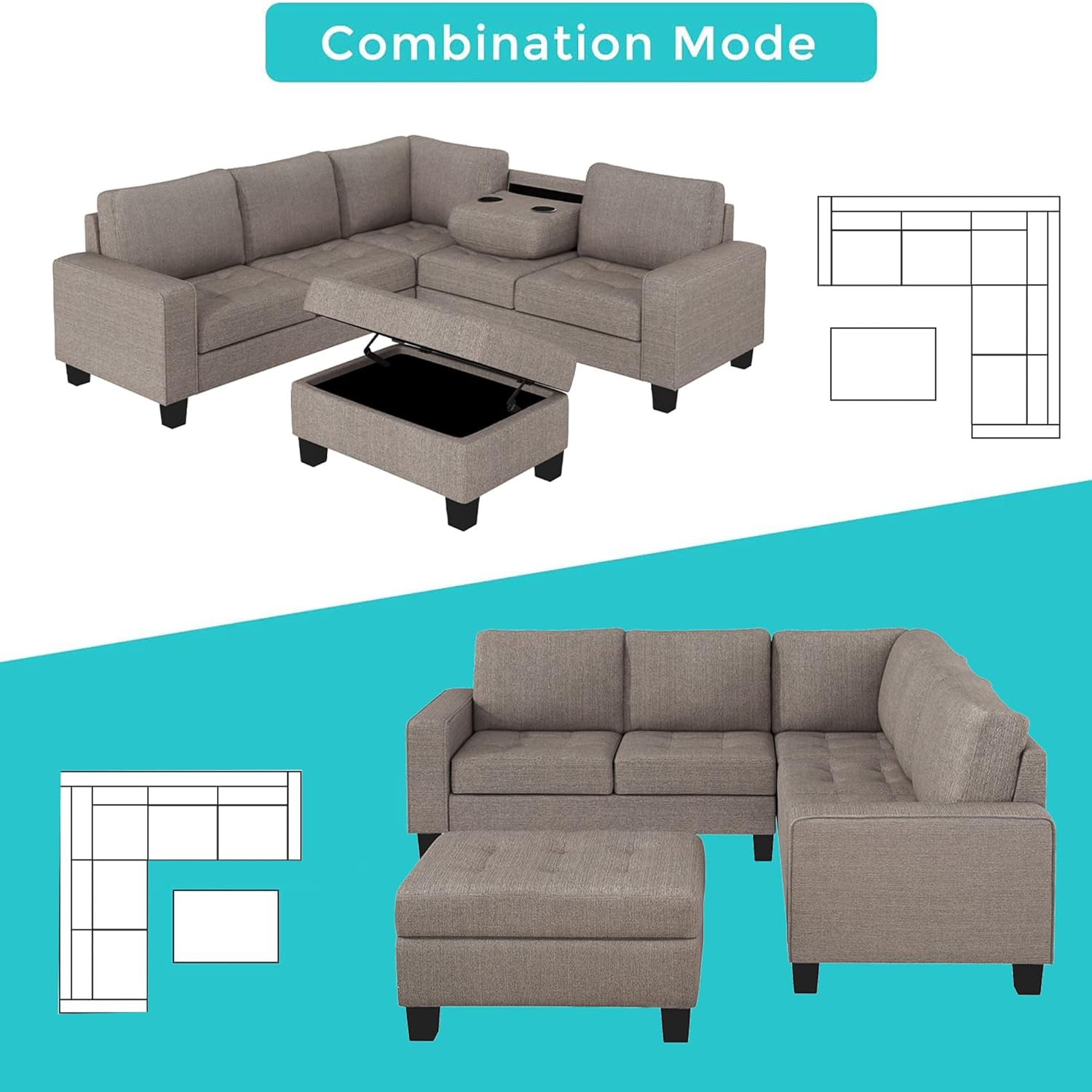 Esquina seccional, ahorro en forma de L con almacenamiento, sofá convertible con otomana y portavasos diseño para apartamento de dormitorio de