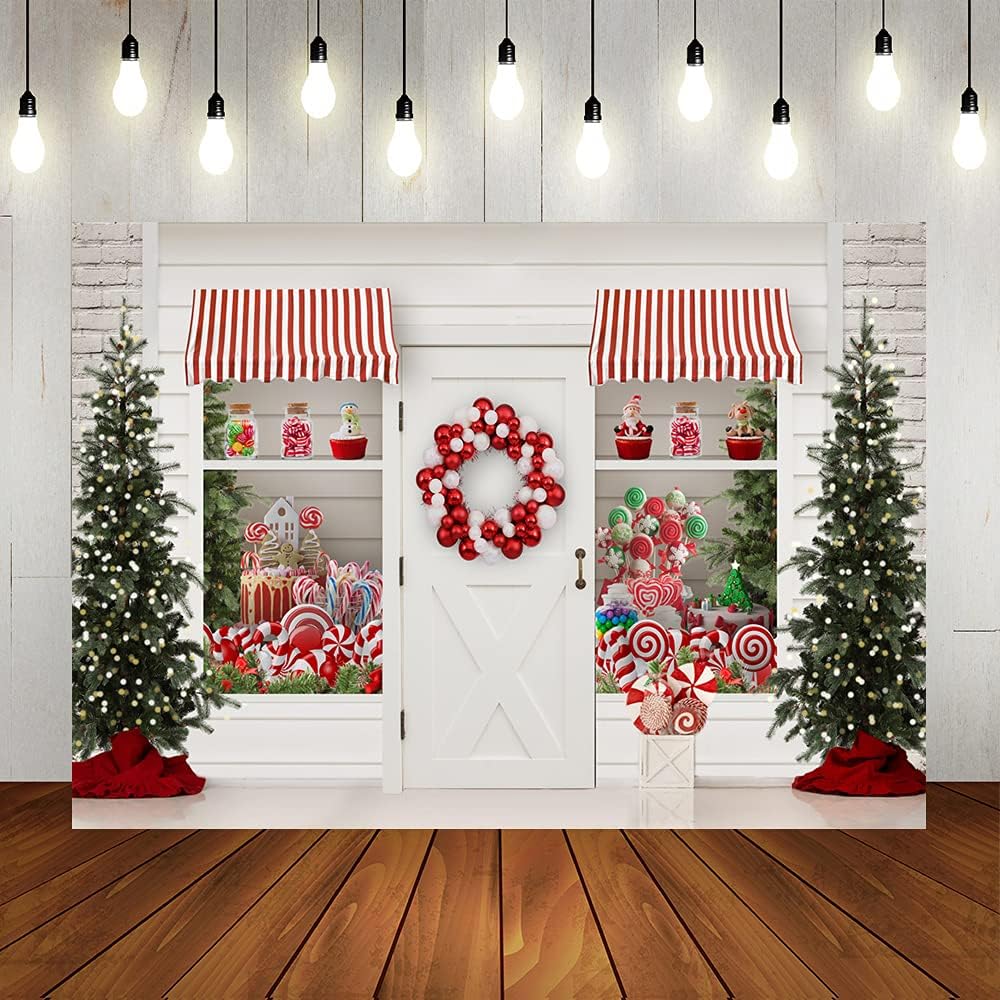 Lofaris Telón de fondo de Navidad de invierno con texto en inglés “Merry Christmas” Sweet Candy Storefront Cottage, guirnalda de Papá Noel, luces