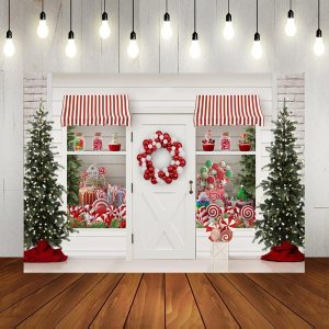 Lofaris Telón de fondo de Navidad de invierno con texto en inglés “Merry Christmas” Sweet Candy Storefront Cottage, guirnalda de Papá Noel, luces Lofaris Telón de fondo de Navidad de invierno con texto en inglés “Merry Christmas” Sweet Candy Storefront Cottage, guirnalda de Papá Noel, luces