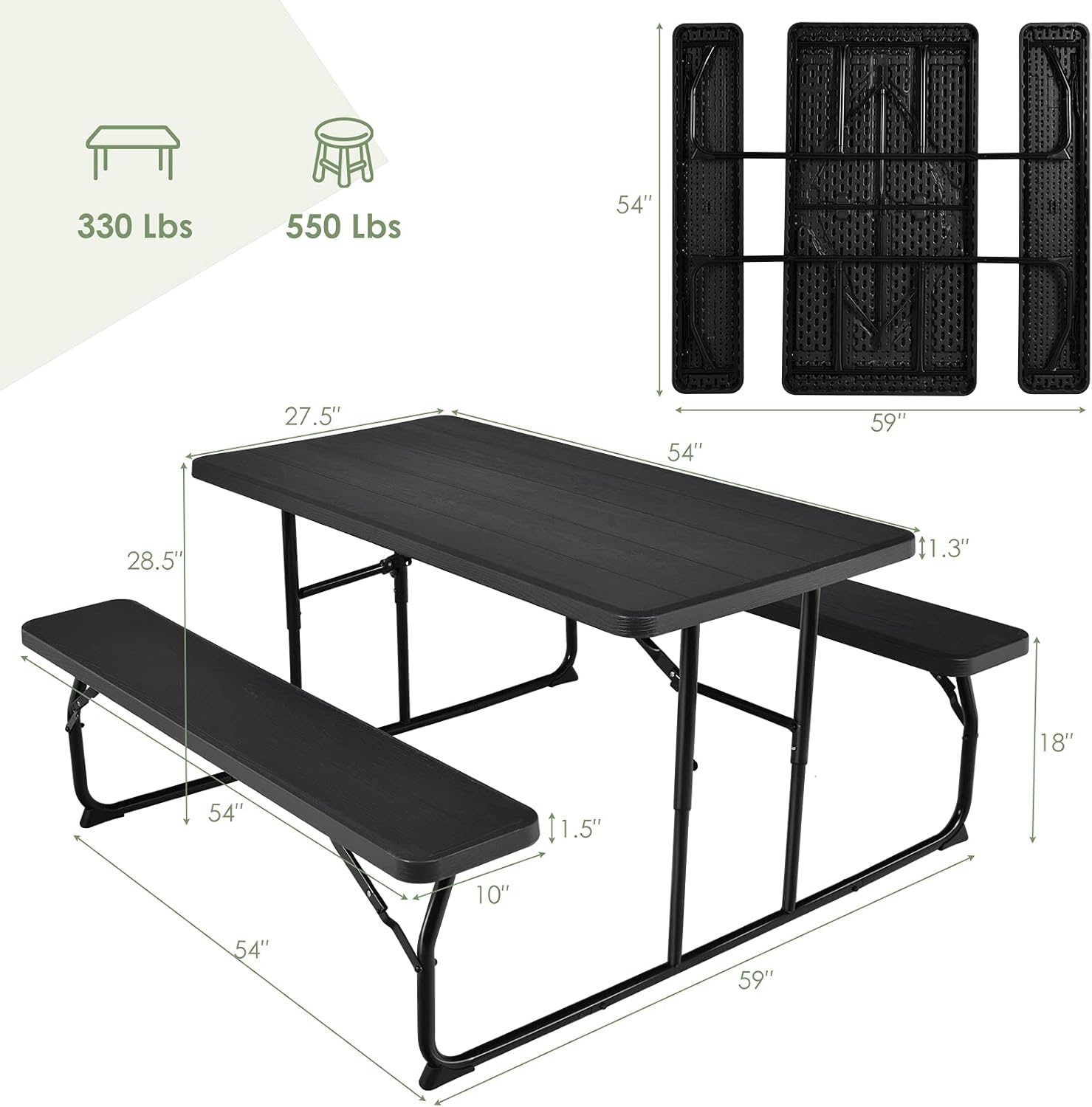 Safstar – Juego de banco de mesa de picnic plegable, mesa de picnic plegable con 2 bancos, mesa y banco para exteriores con marco de acero y mesa de