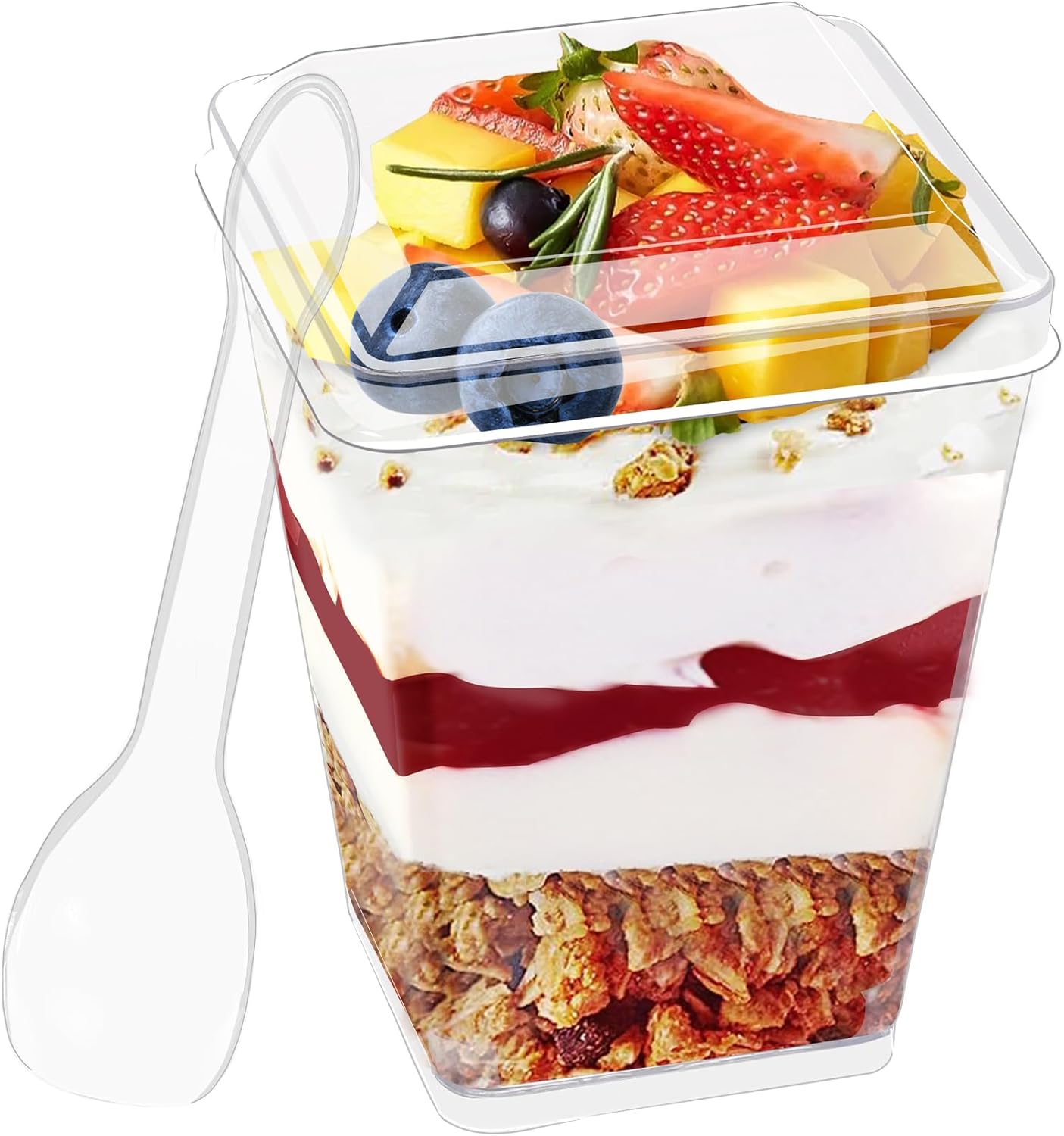 Paquete de 50 tazas de postre de 5 onzas con tapas y cucharas, tazas de parfait cuadradas transparentes, mini tazas de plástico para aperitivos,